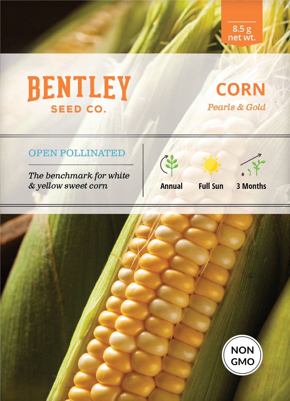 Pearls and Gold corn seed packet front