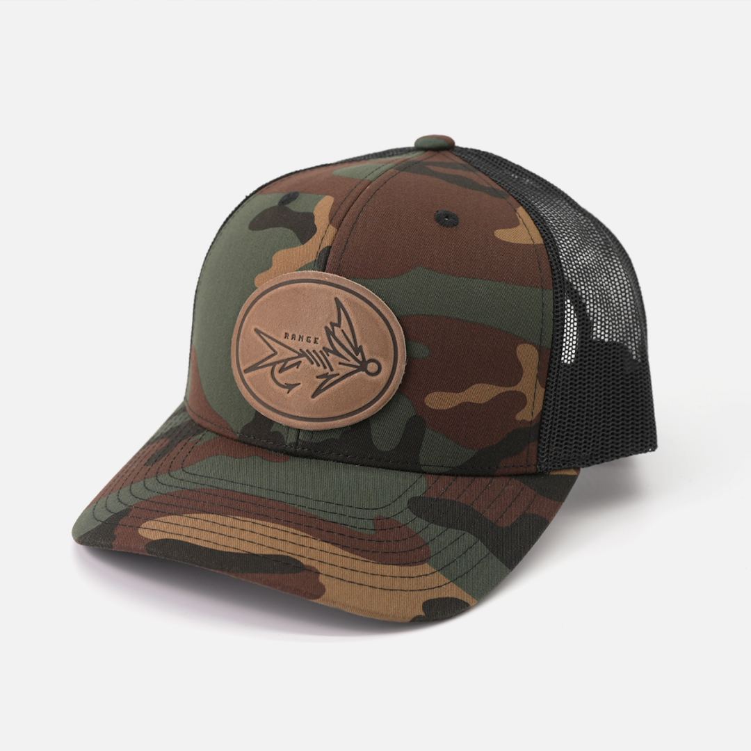 Range Fly Icon leather patch trucker cap underside brim view