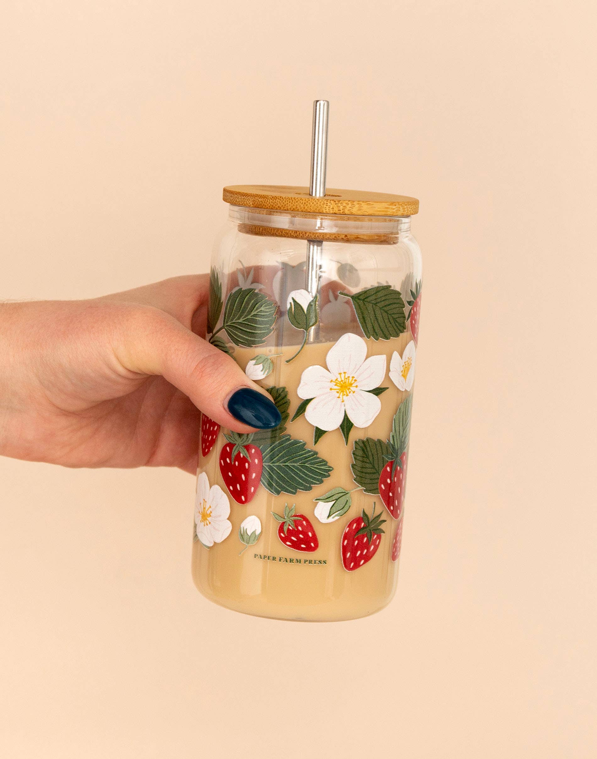 Strawberry Patch glass can tumbler with strawberry design