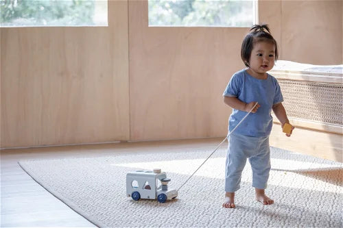 PlanToys Orchard Sorting Bus with shape sorter pieces