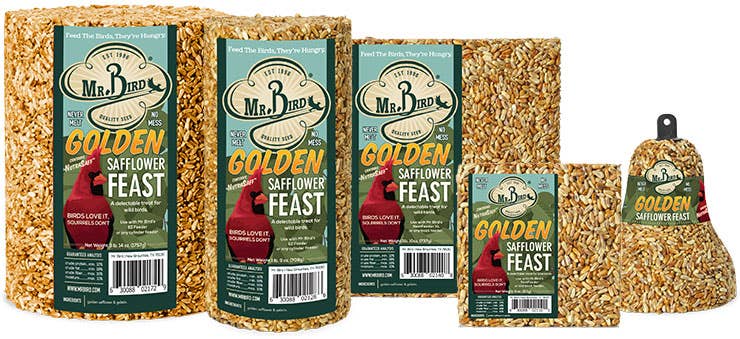 Golden Safflower Cake in bird feeder outdoors
