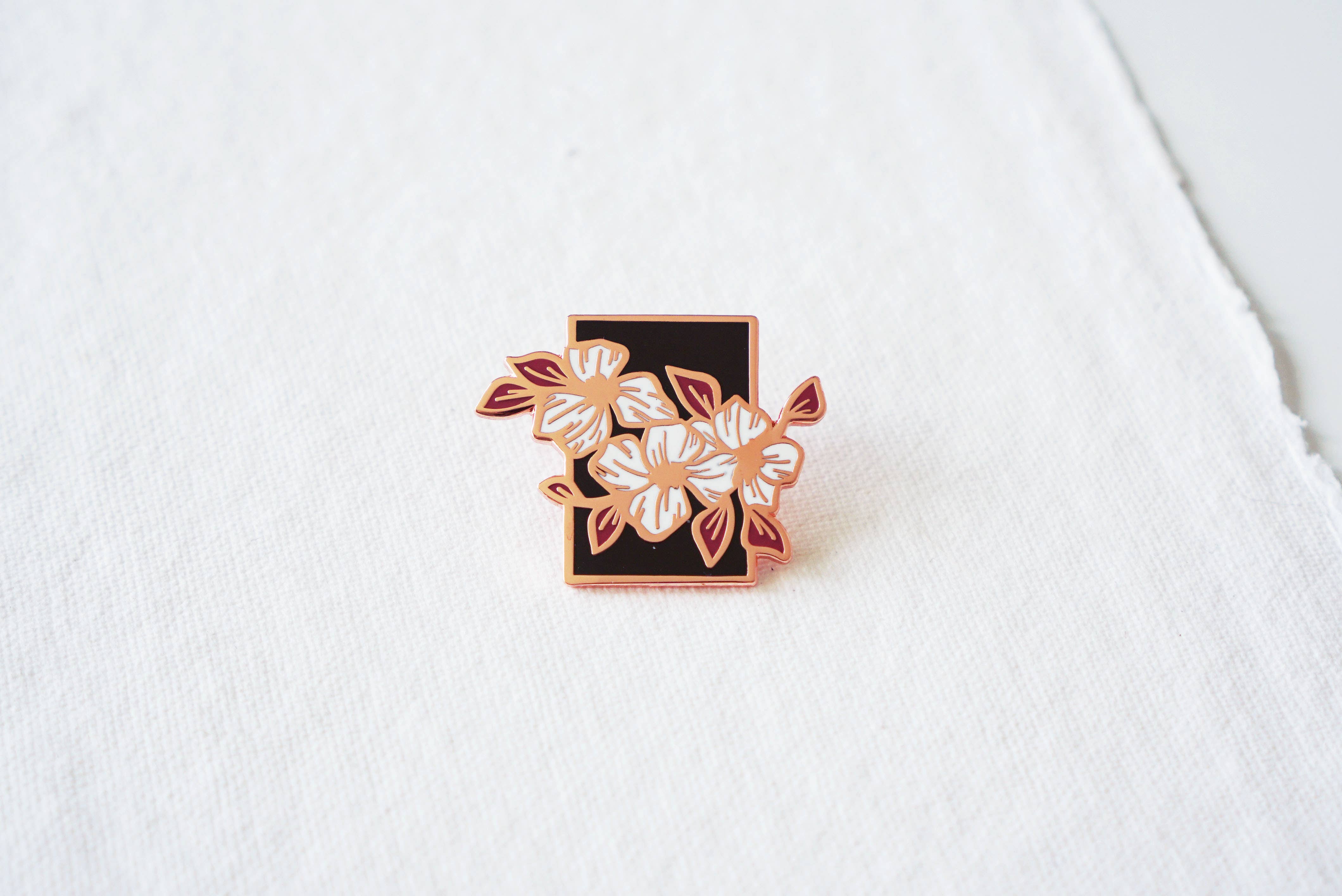 Black and White Floral Copper Plated Enamel Pin