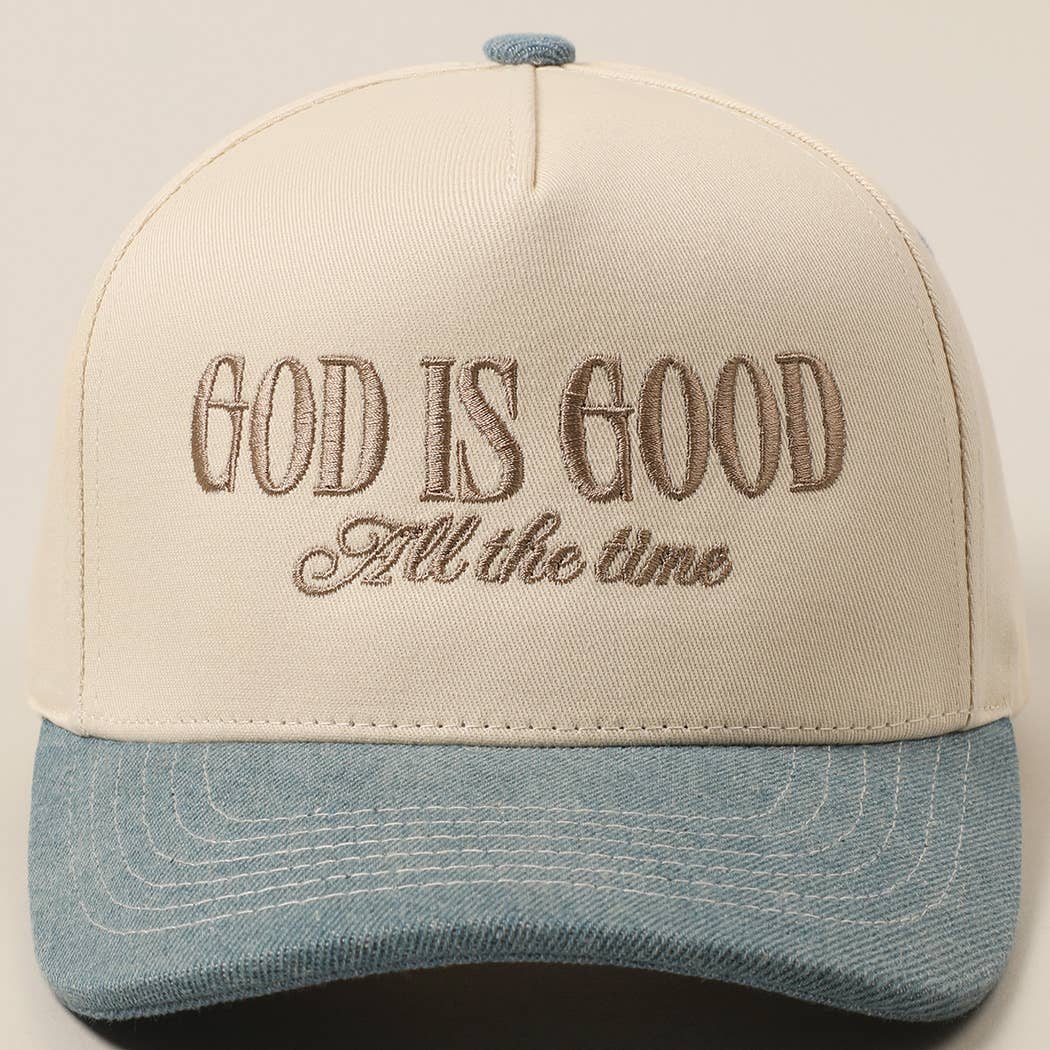 God Is Good All The Time trucker hat embroidery detail