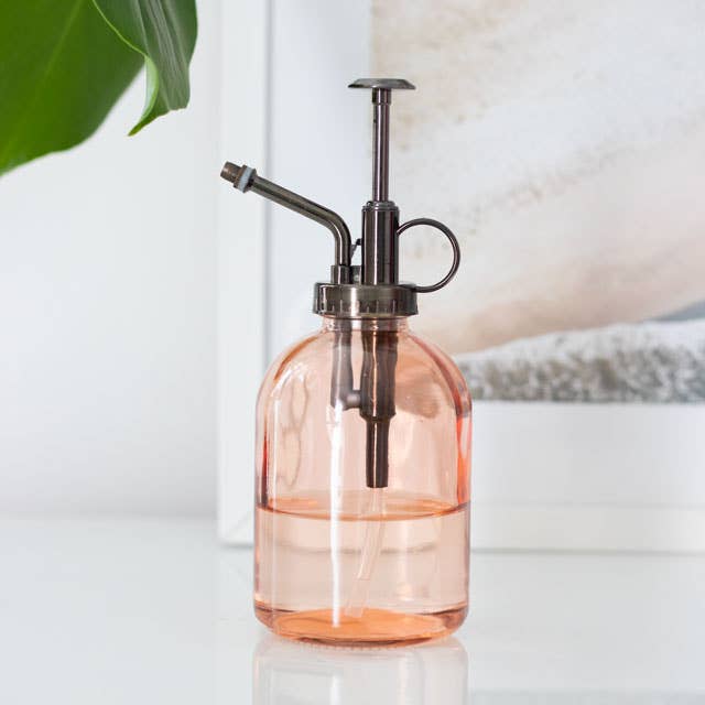 Pink minimalist glass plant mister with spray nozzle