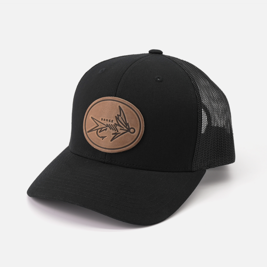 Range Fly Icon leather patch trucker cap front view