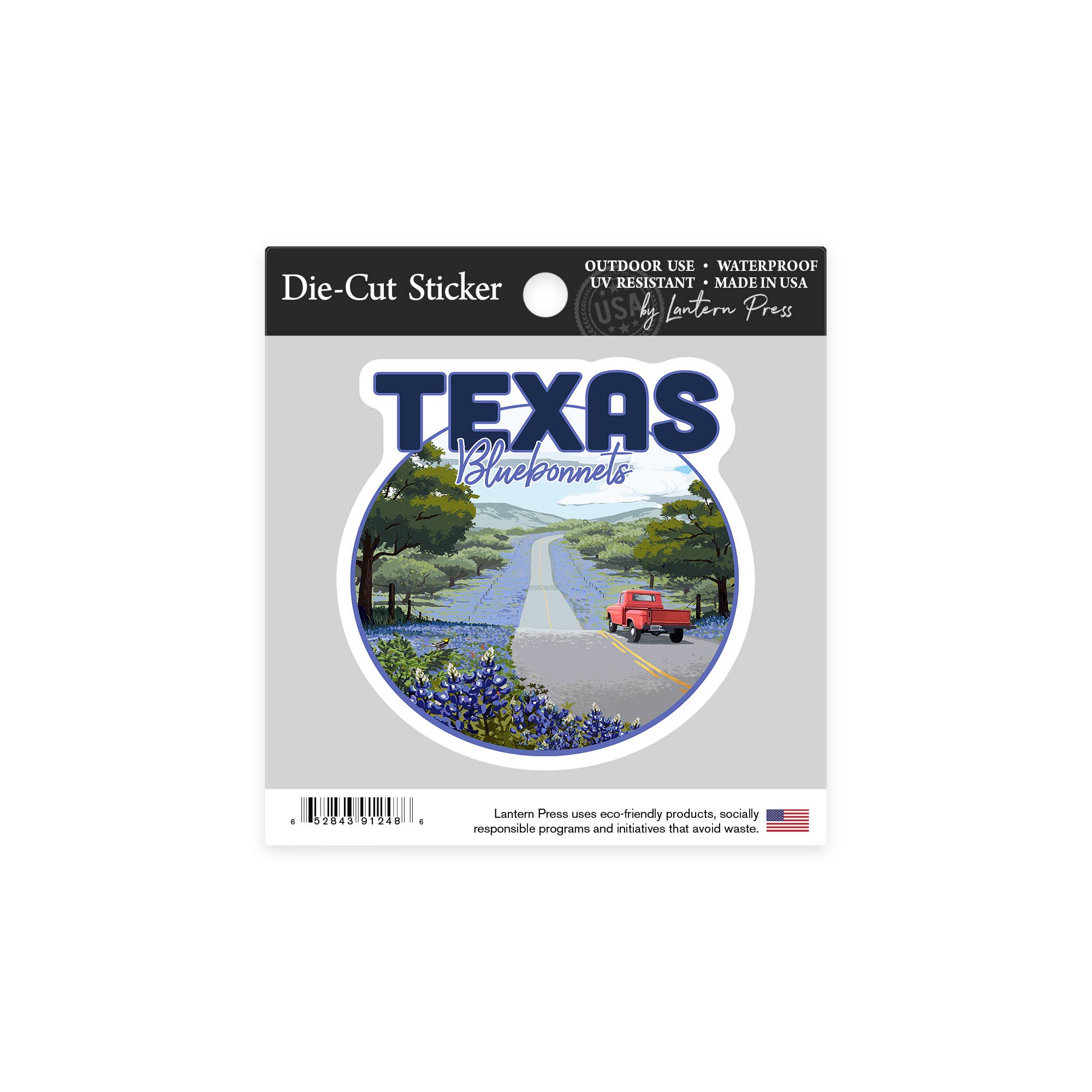 DIE CUT STICKER Texas, Bluebonnets & Highway, Circle