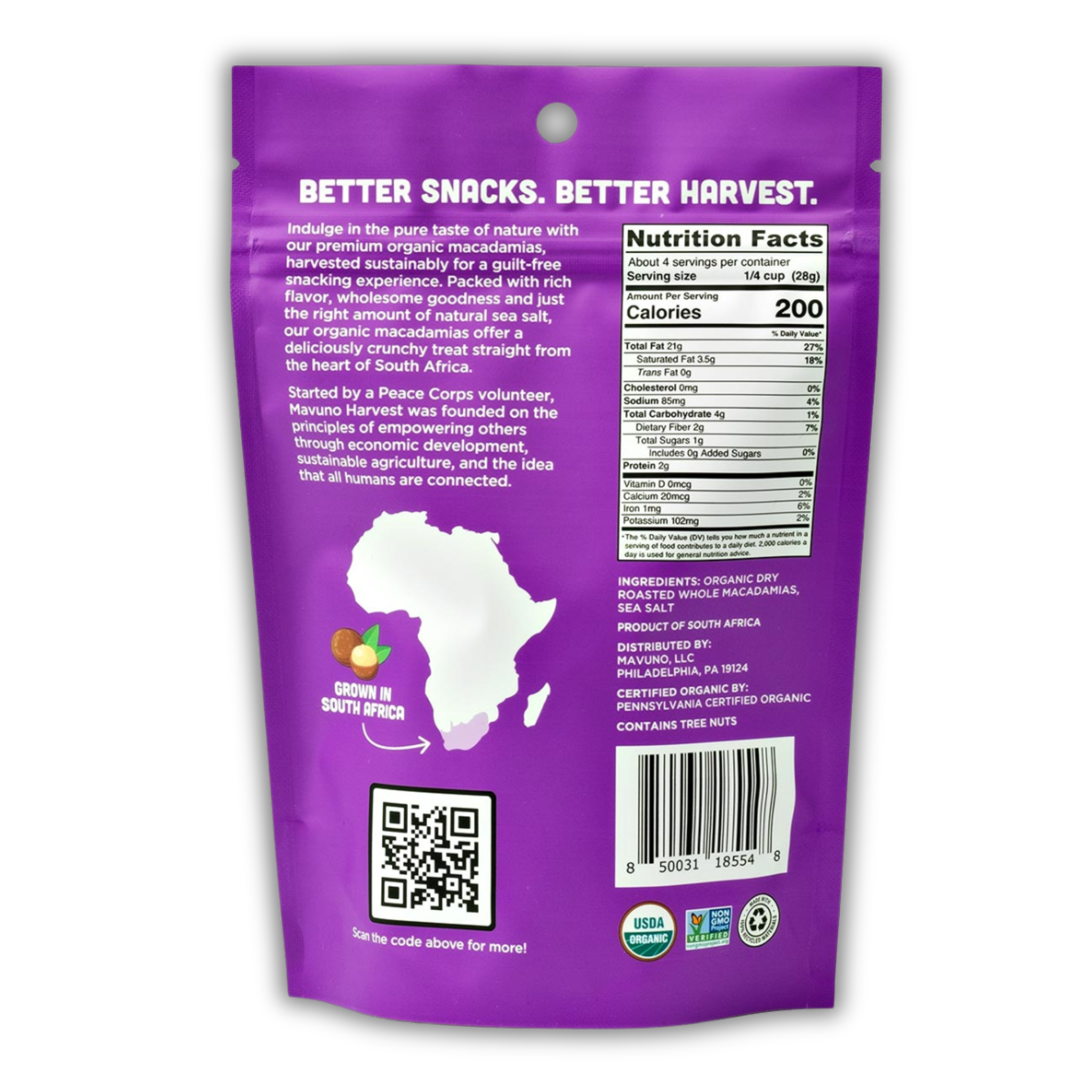 Organic dry roasted macadamias with sea salt front label