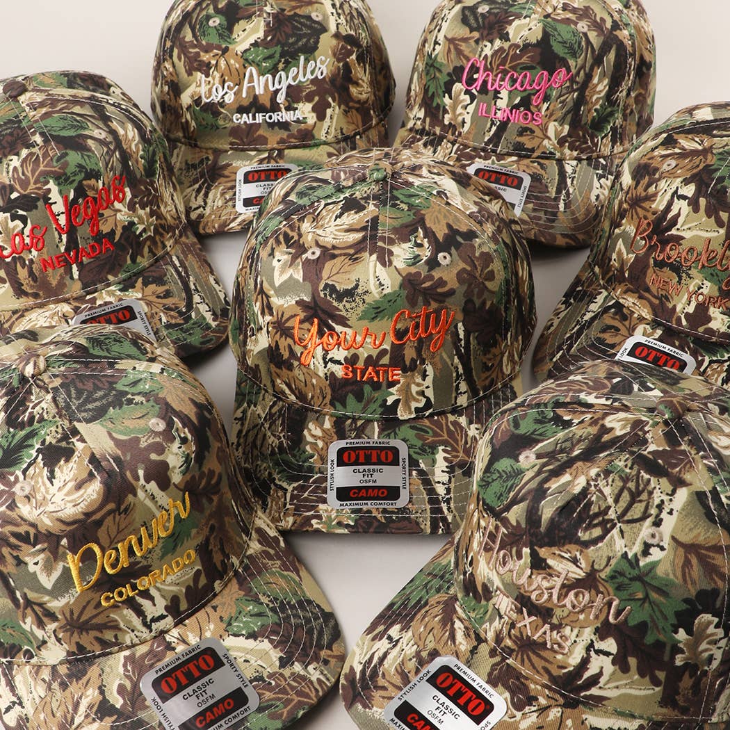 Custom camo embroidered hat with city and state personalization