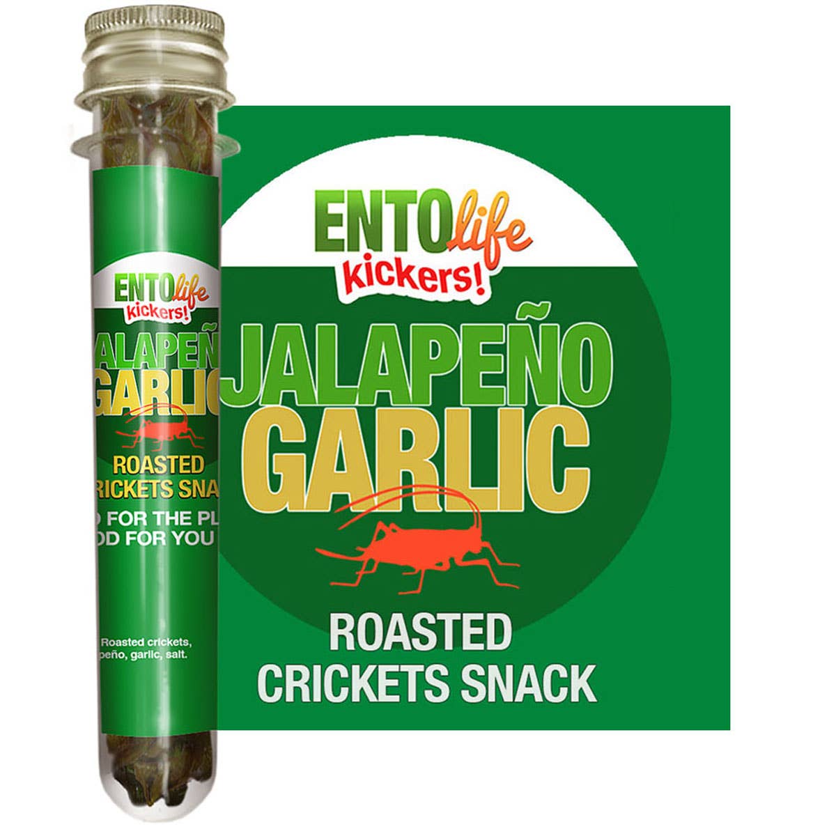 Mini-Kickers Jalapeno Garlic Flavored Cricket Snacks front of bag