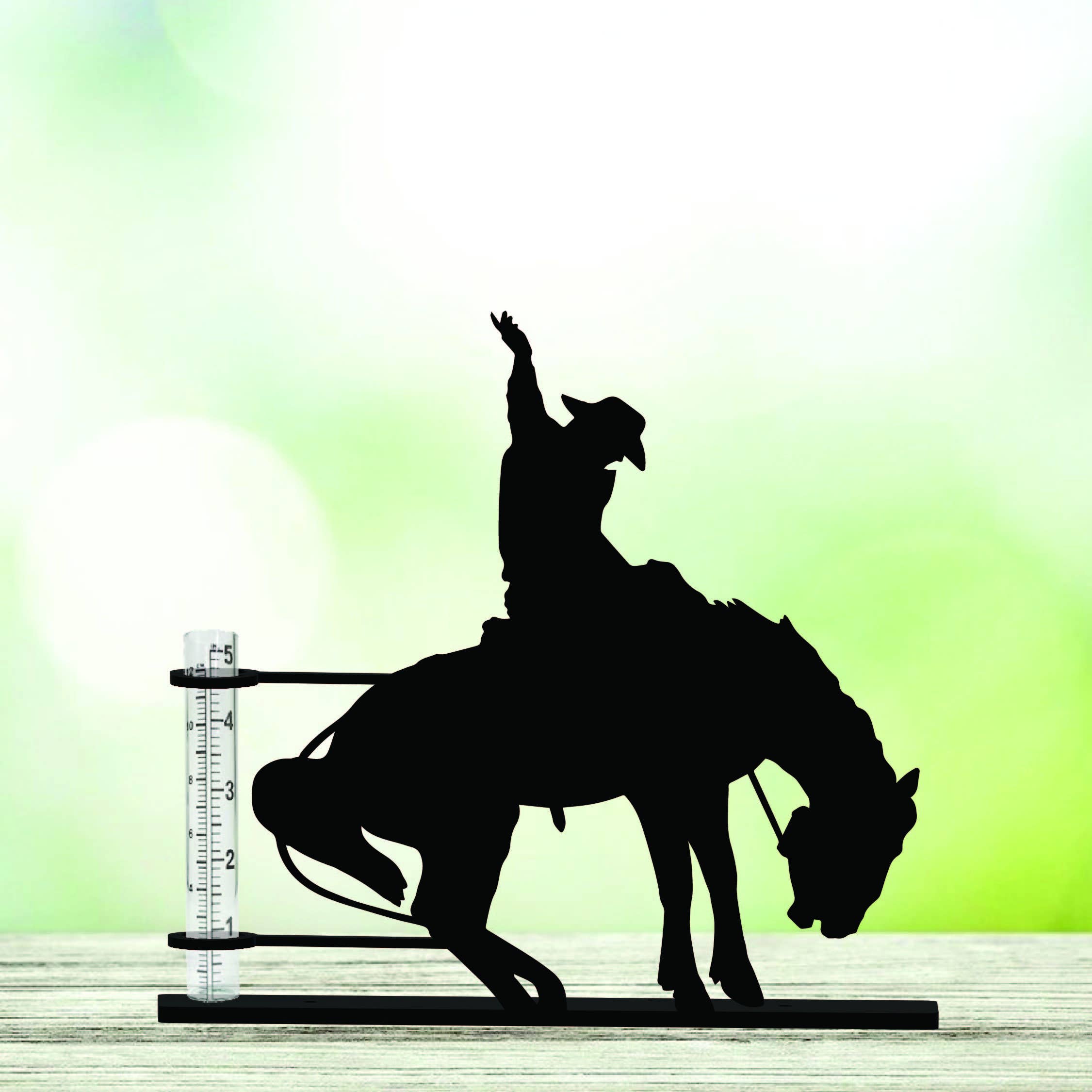 Bronco Rider Rain Gauge with bucking bronco silhouette