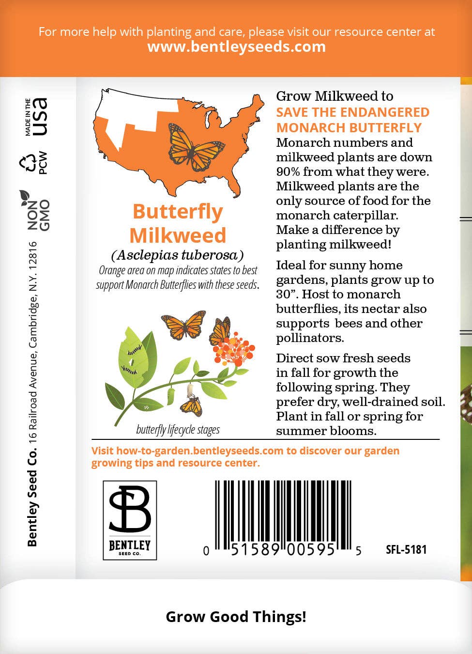 Brim Seed Co. Butterfly Milkweed seed packet back