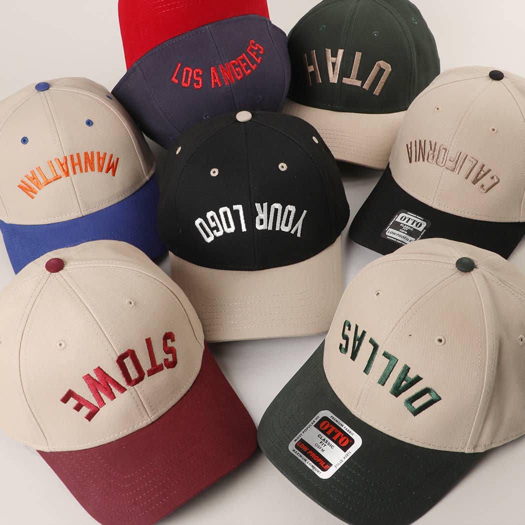 Custom embroidered OTTO 6 panel baseball cap upside down design