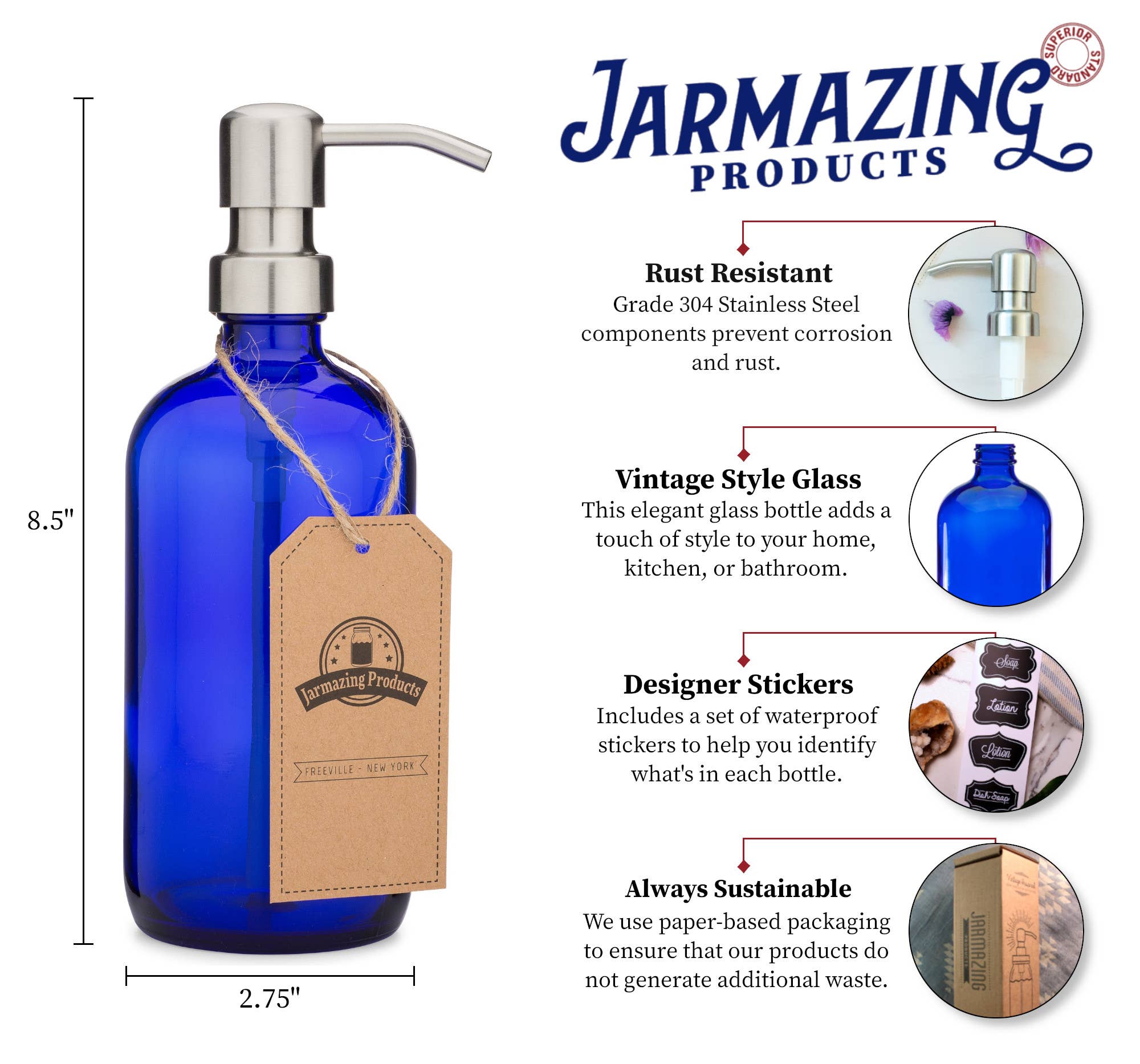 Cobalt glass soap dispenser bottle detail view