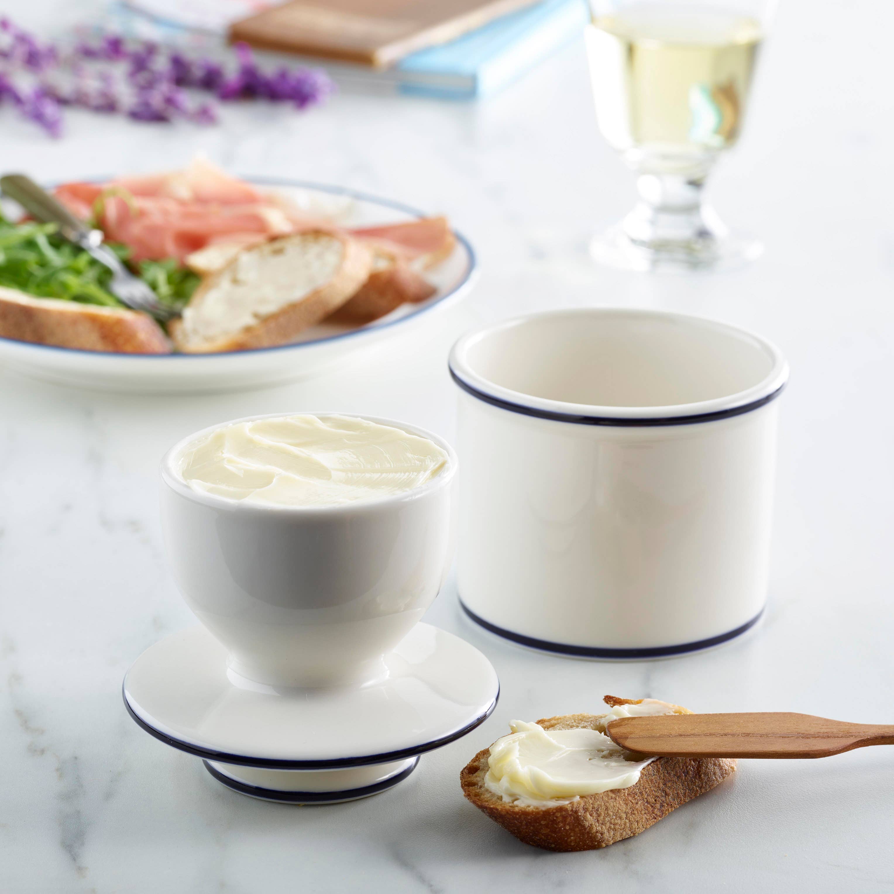 Le Bistro Butter Bell Crock white with blue trim side view