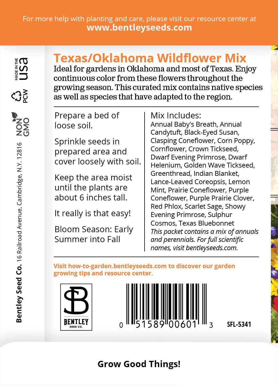 Texas Oklahoma wildflower mix seed packet back with info