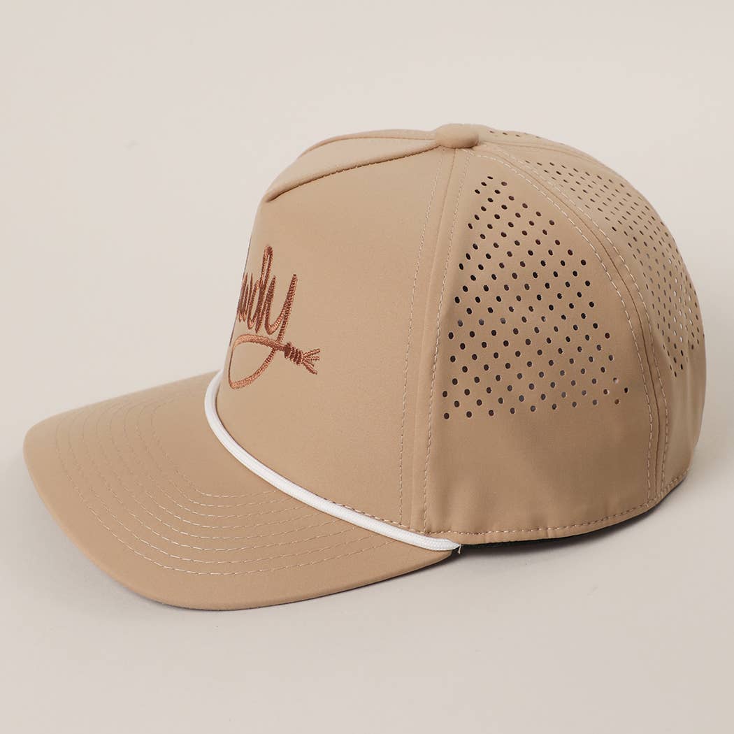 Howdy embroidered premium rope strap trucker hat closeup