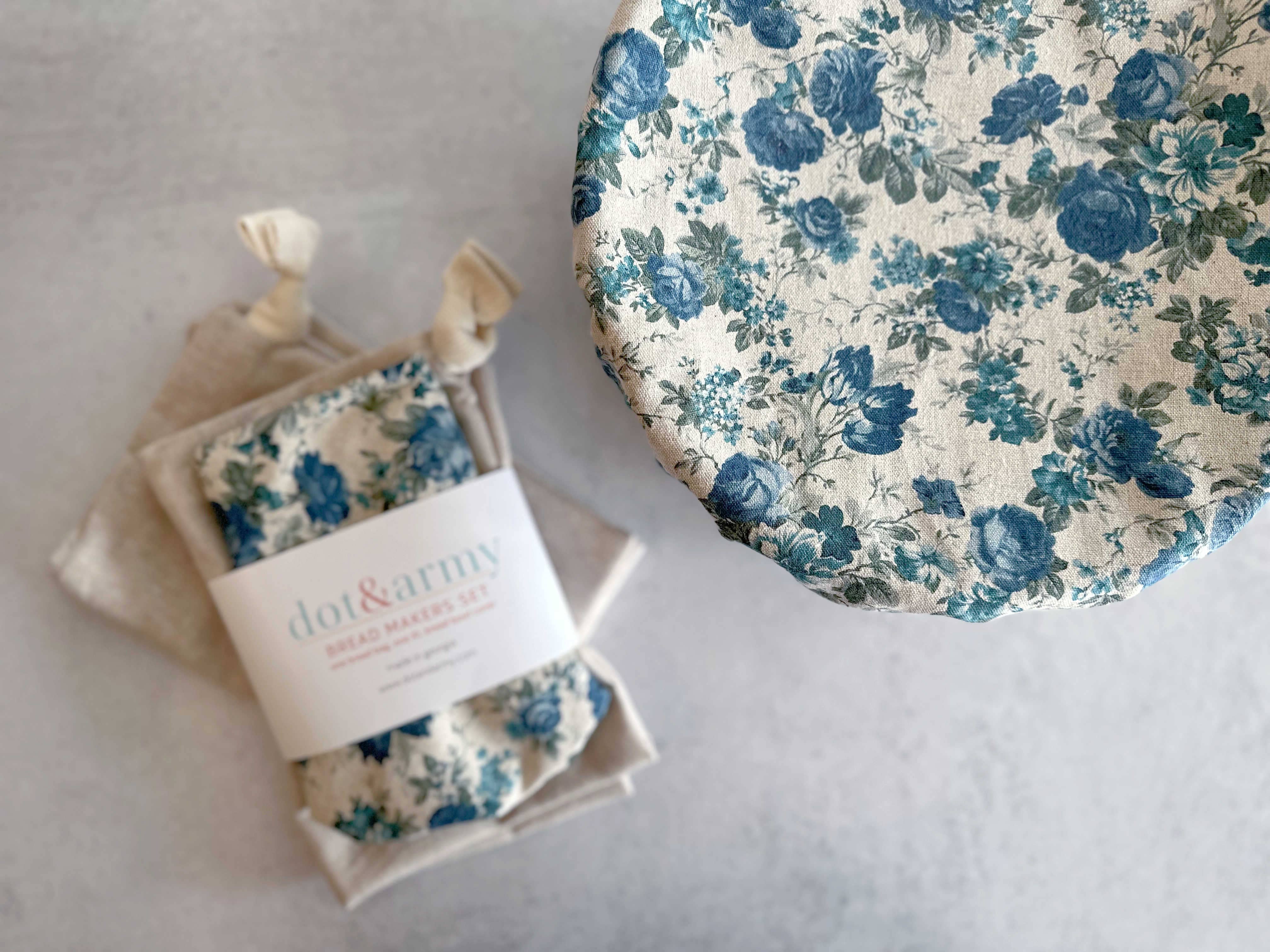 Blue Floral Linen Bread Makers Set with towel and bag