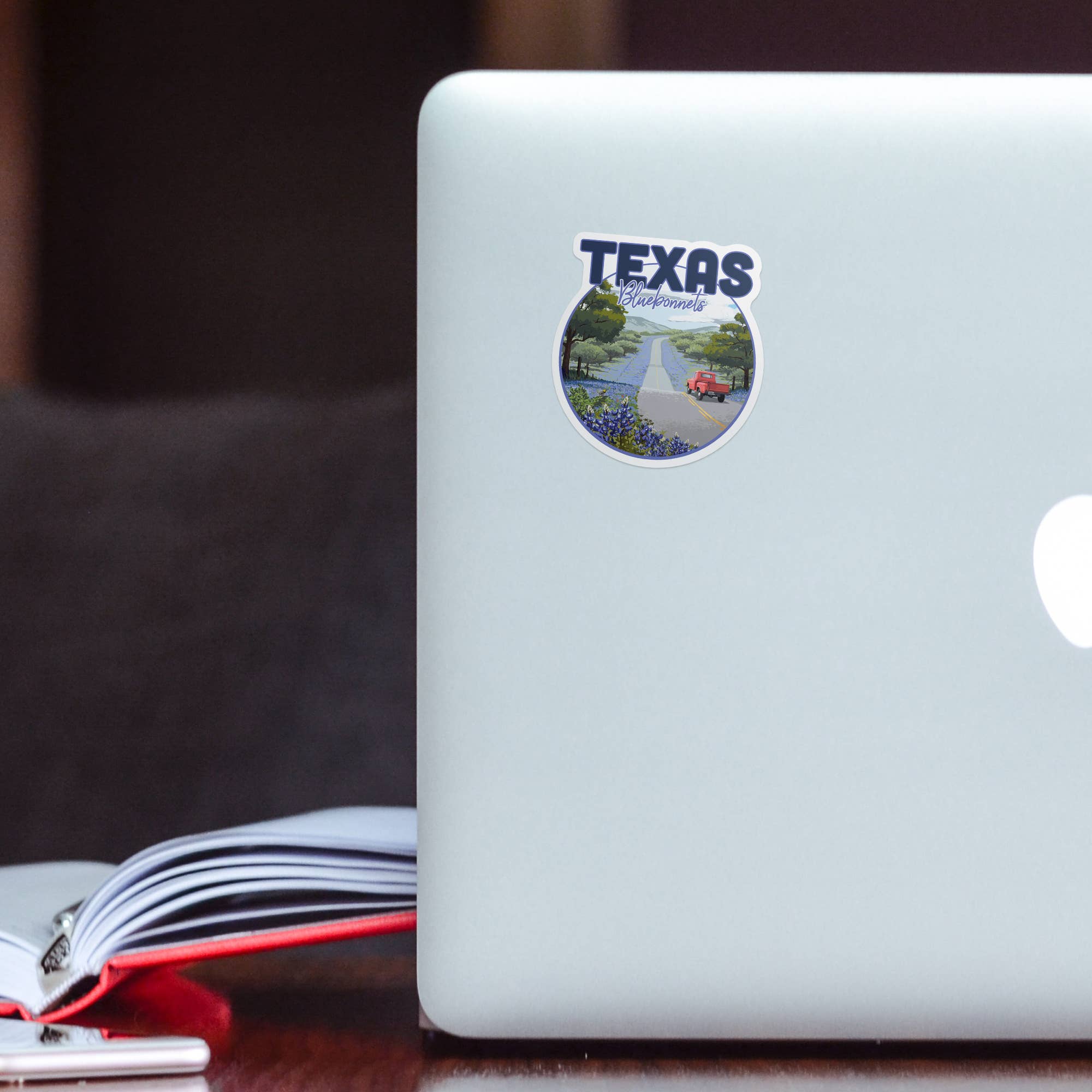 DIE CUT STICKER Texas, Bluebonnets & Highway, Circle