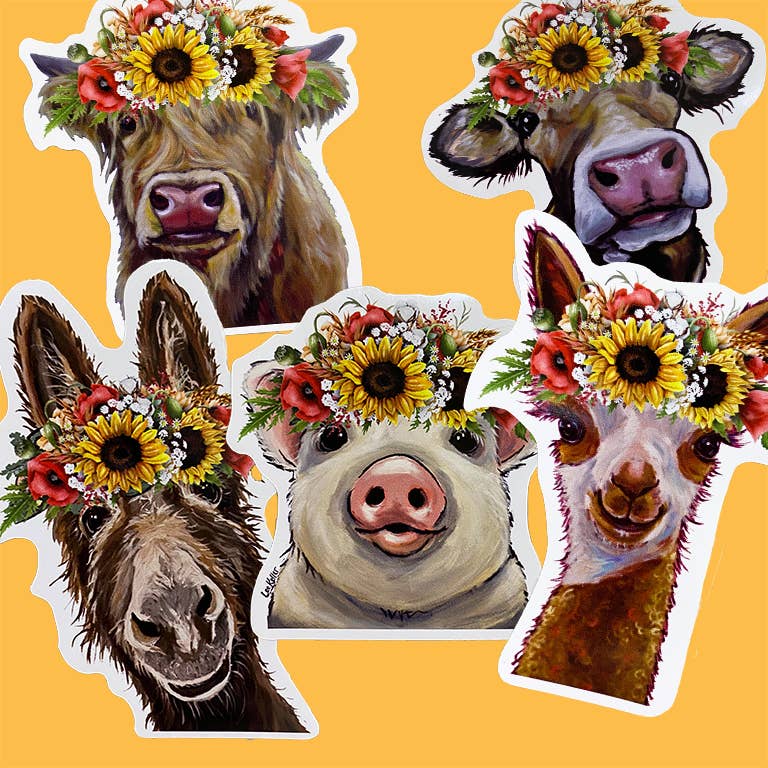 Farm animals with sunflowers sticker bundle with 25 stickers