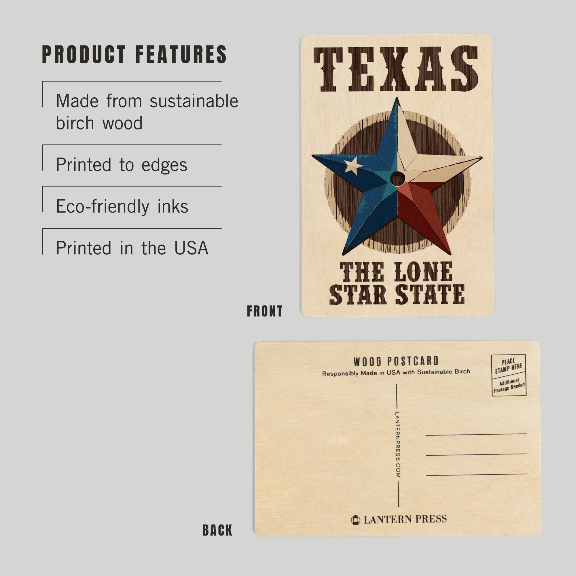 WOOD POSTCARD Texas, Lone Star State, Barn Star