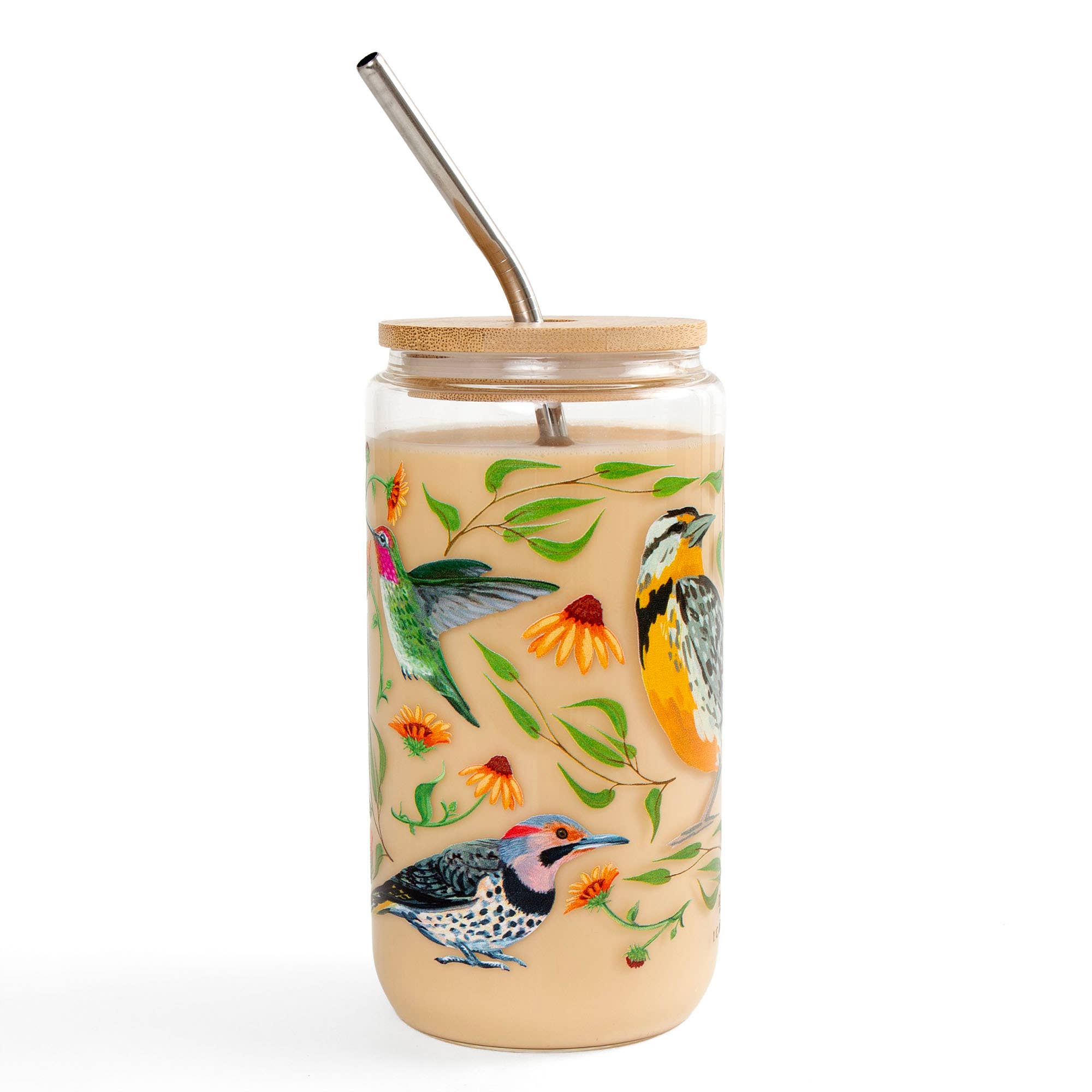 Feathered Friends birds glass can tumbler front view