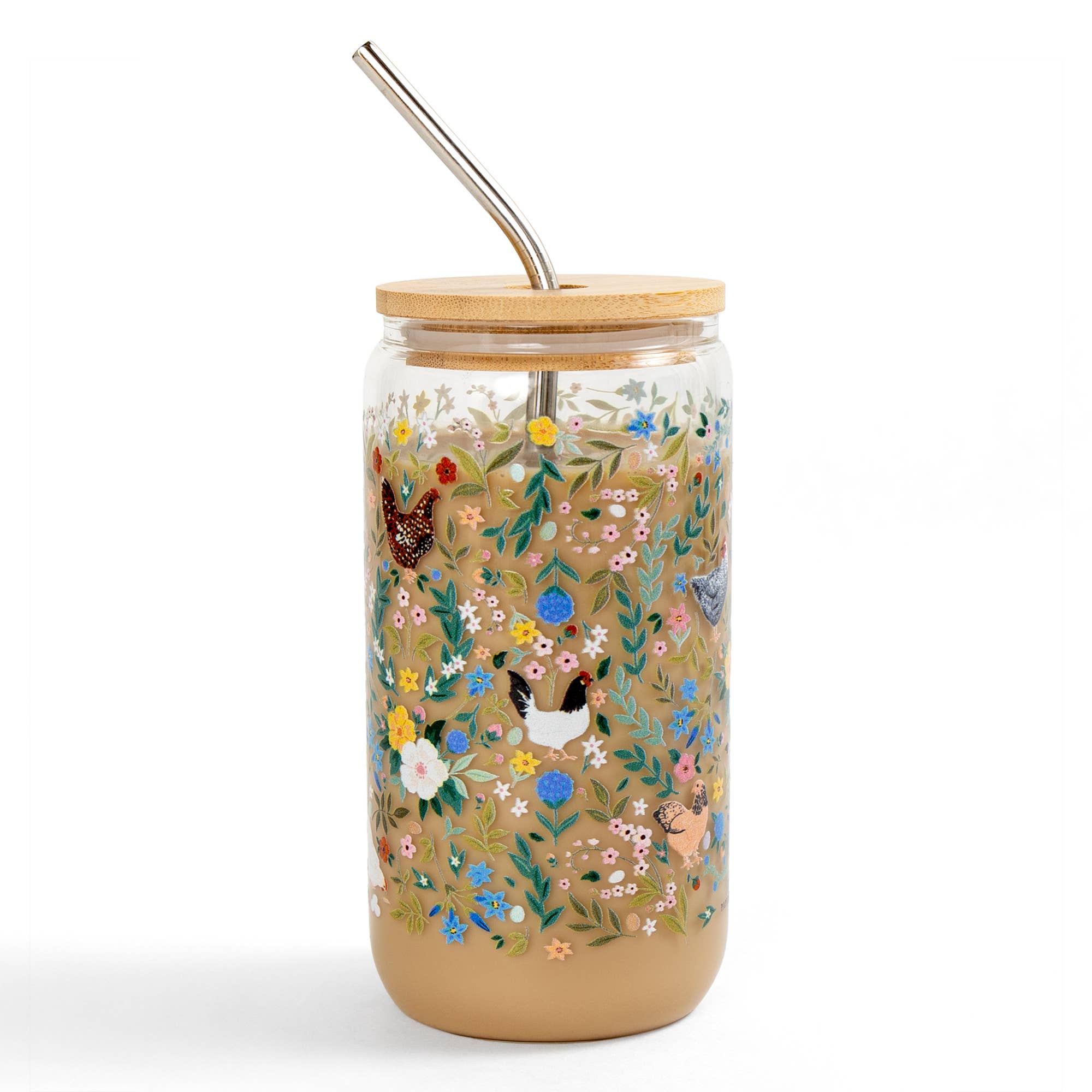 Chickens & Flowers Glass Can side view