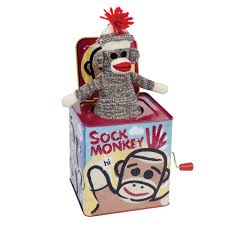 Schylling Sock Monkey Jack in the Box with monkey popped up