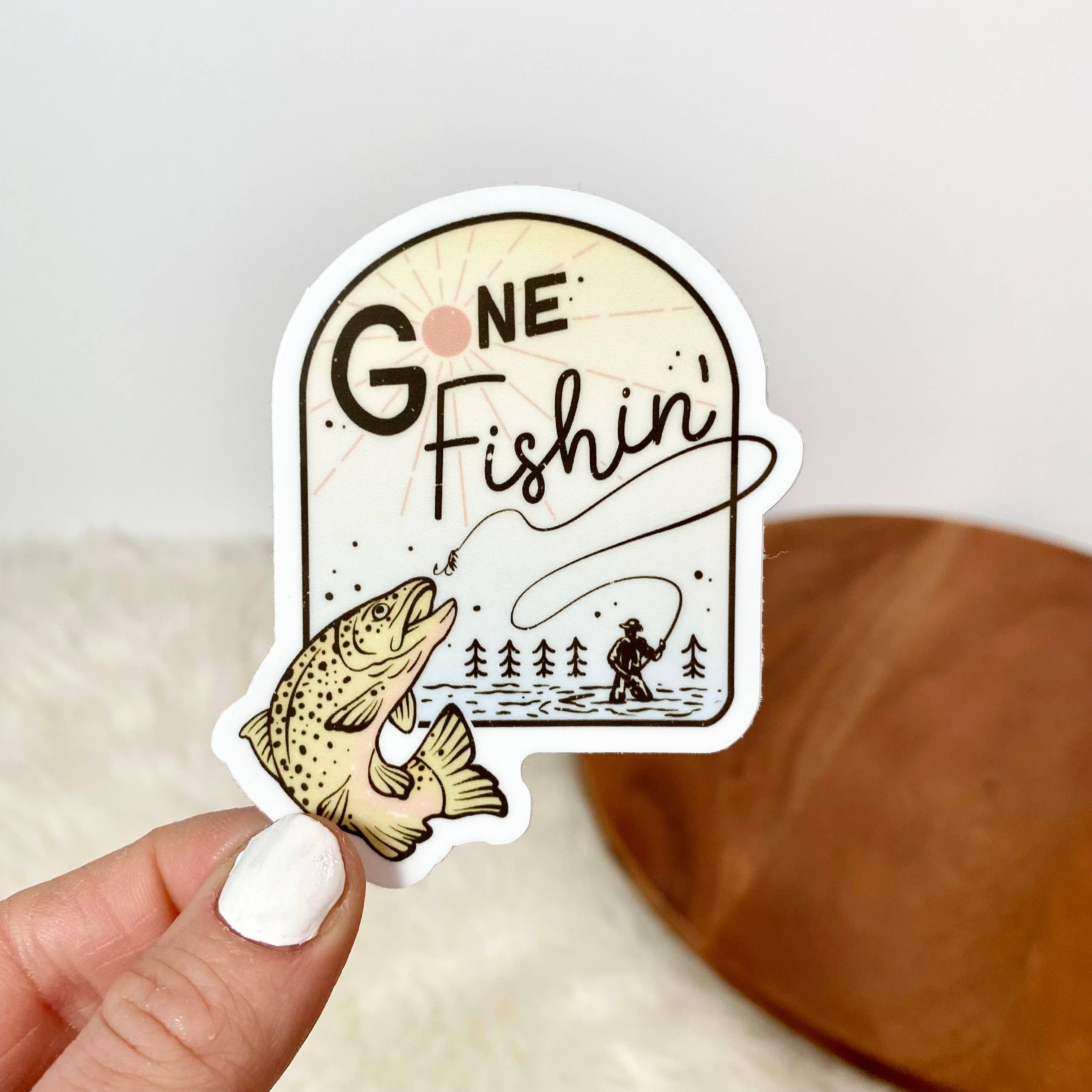 Gone Fishin' sticker with fishing theme
