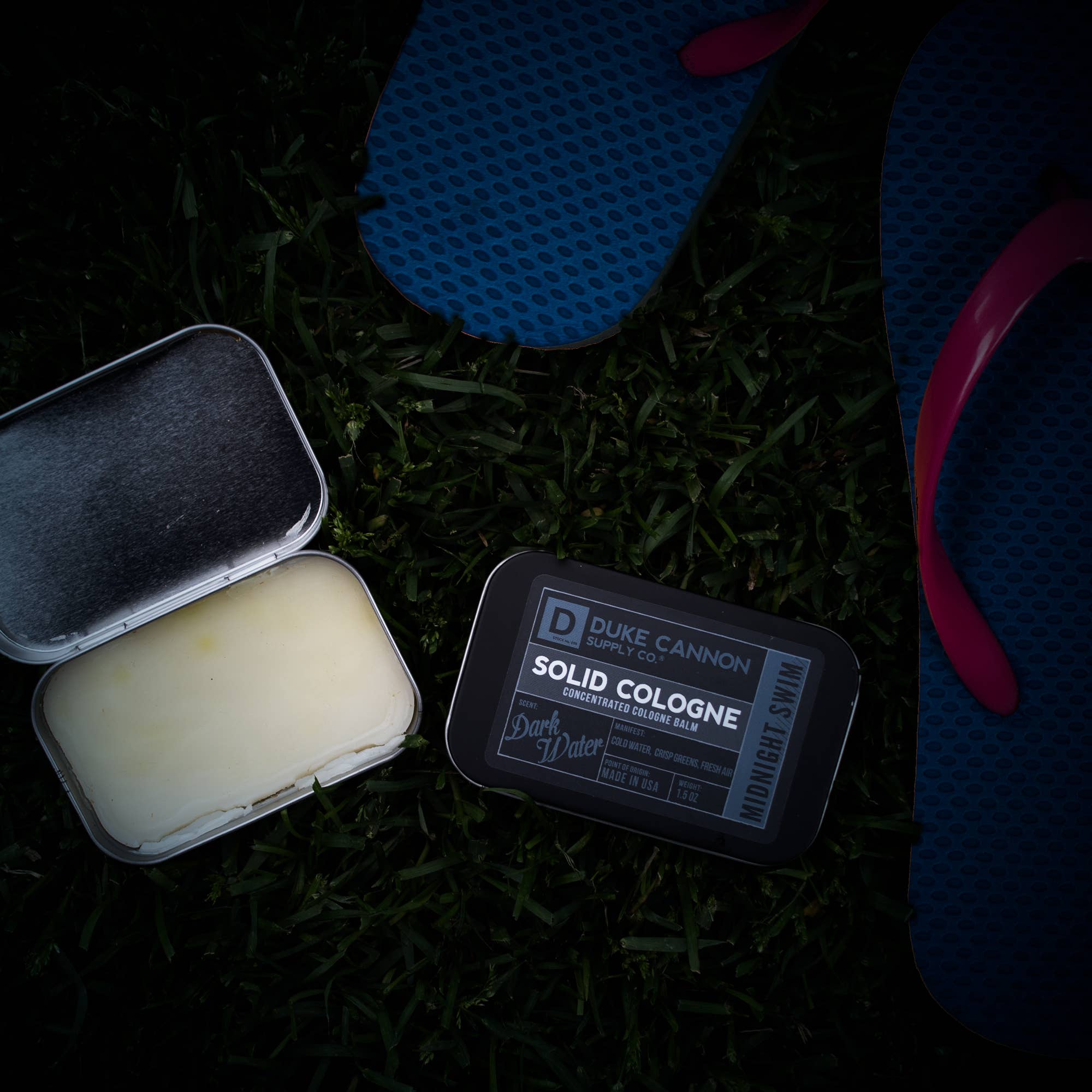 Solid Cologne Midnight Swim label and packaging