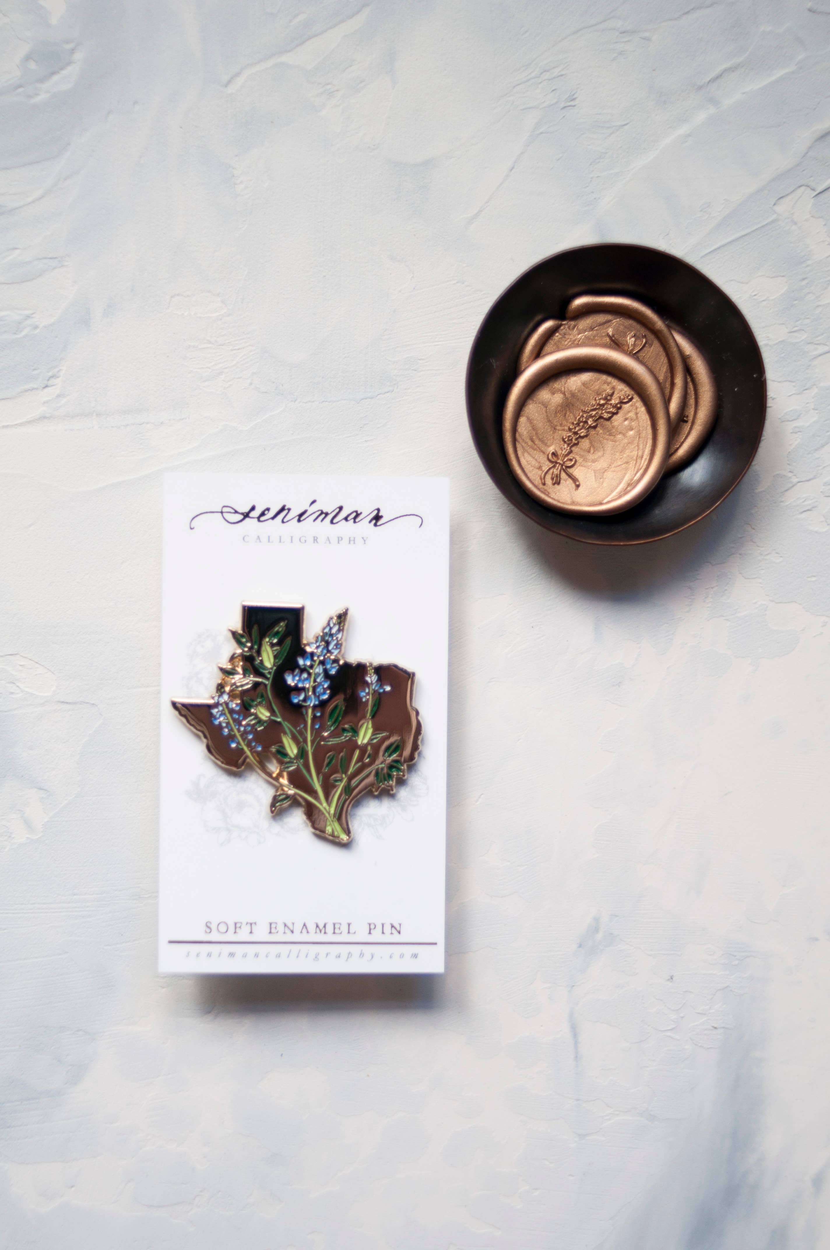 Texas Bluebonnet gold enamel pin close-up