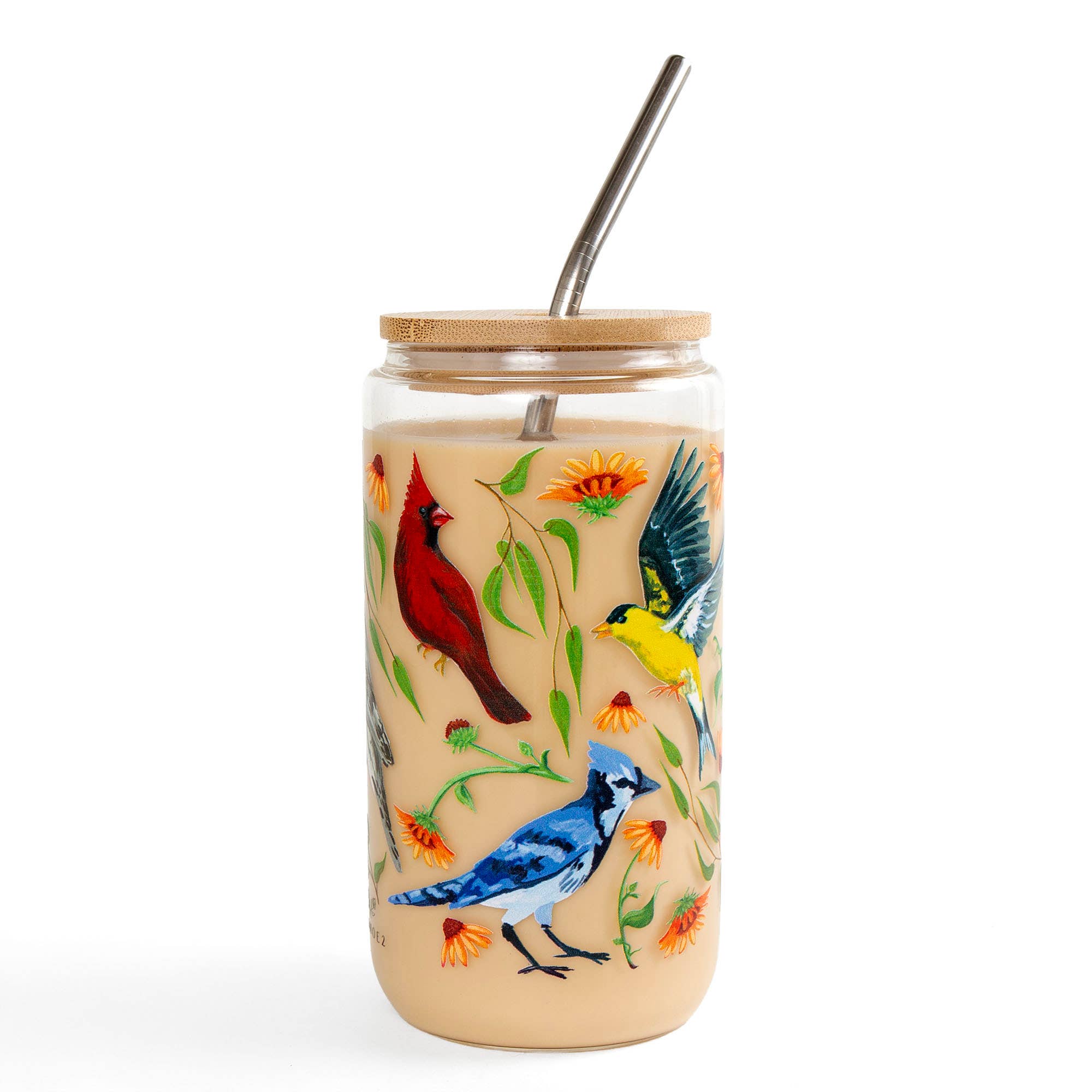 Feathered Friends birds glass can tumbler side view