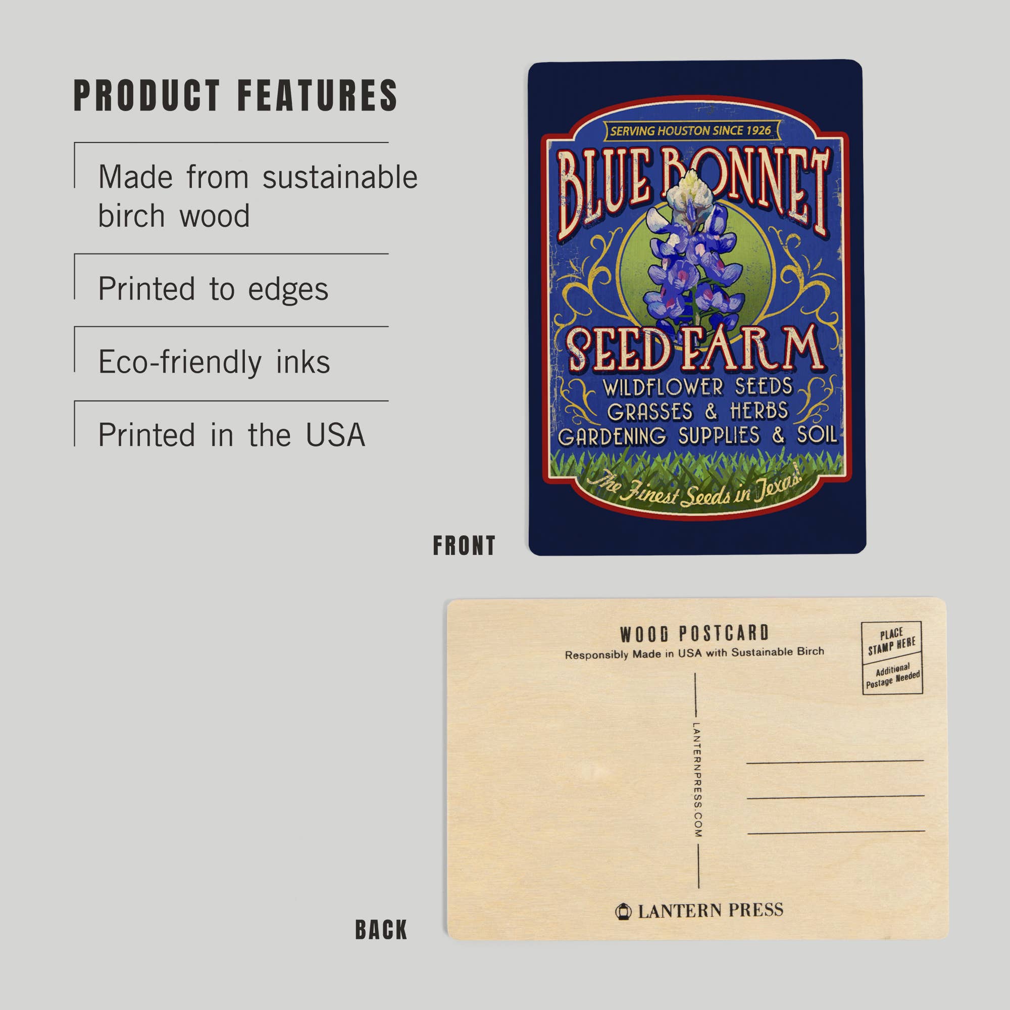 WOOD POSTCARD Texas, Blue Bonnet Farm Vintage Sign