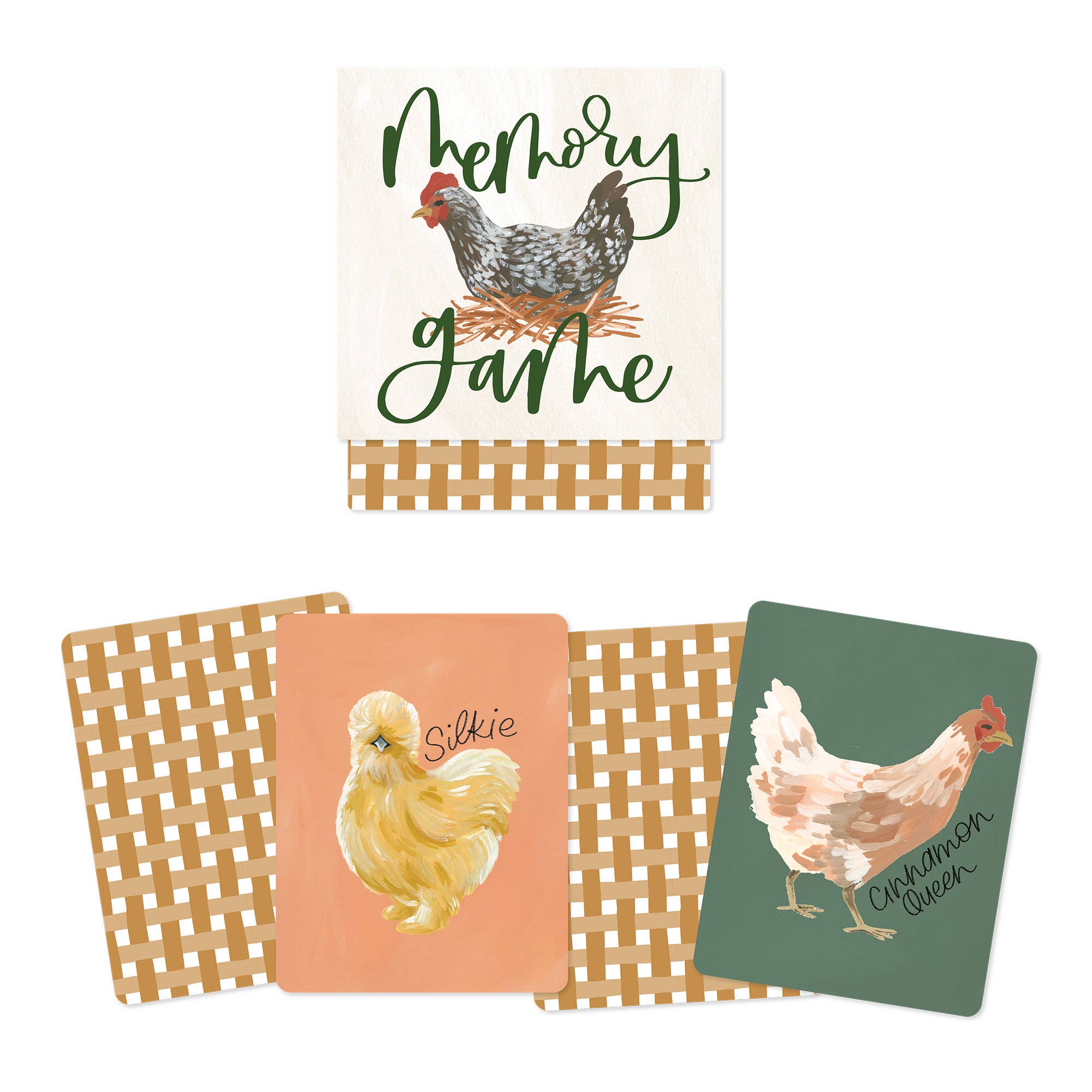 Chicken Meadows Memory Game with illustrated chicken cards