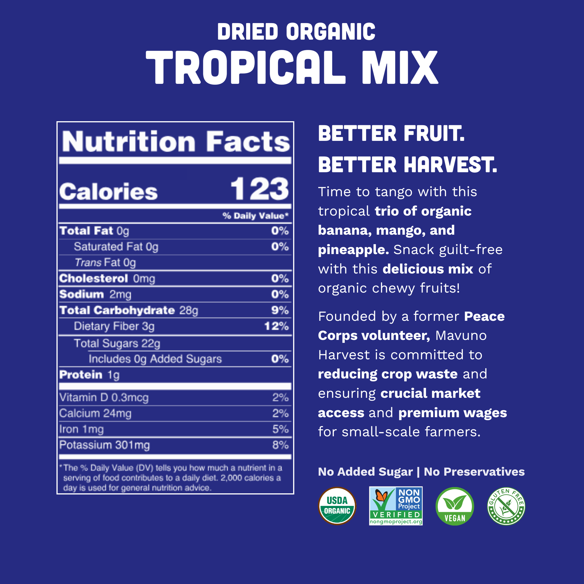 Organic Dried Tropical Mix (Mango, Banana, Pineapple), 6-pack case