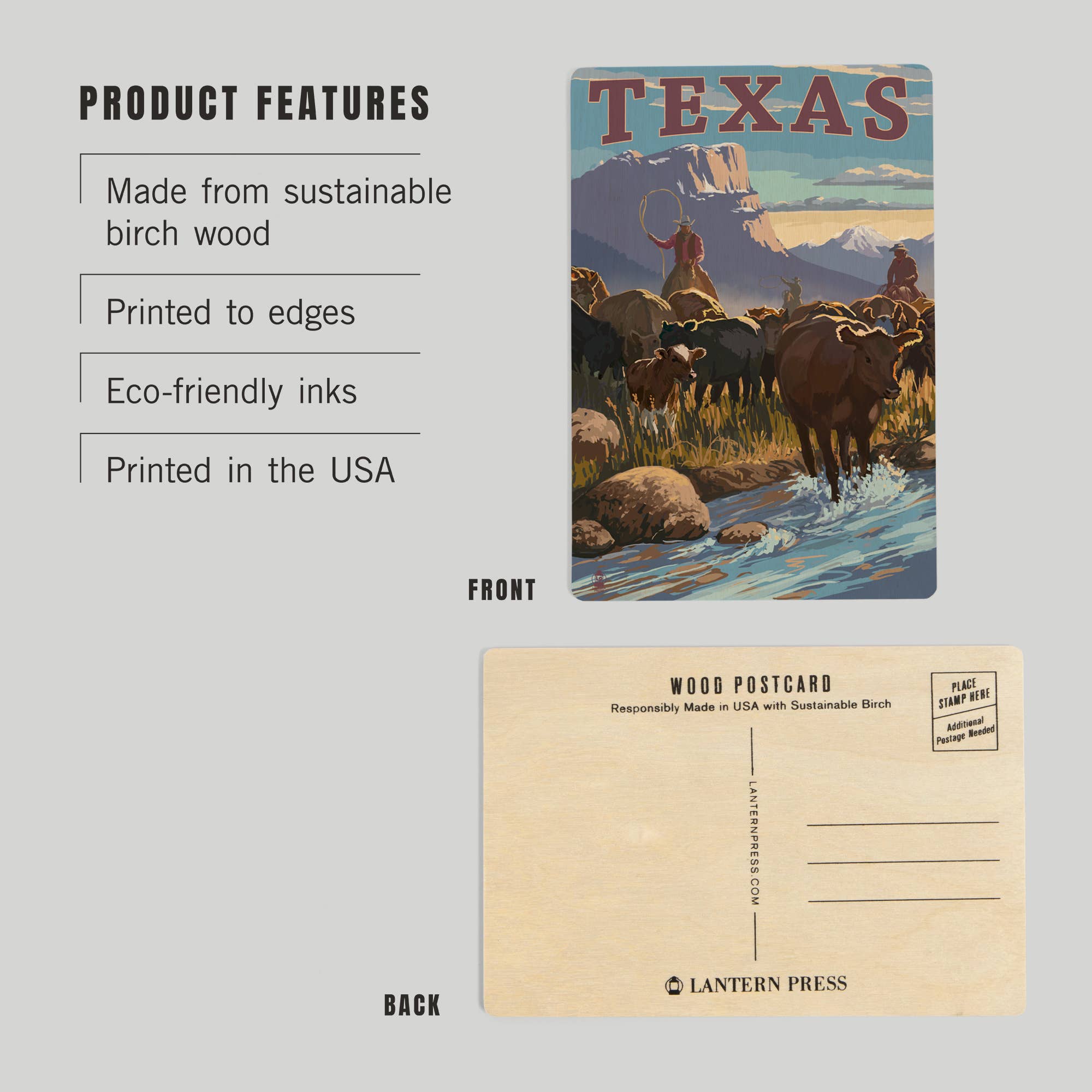 WOOD POSTCARD Texas, Cowboy Cattle Drive Scene