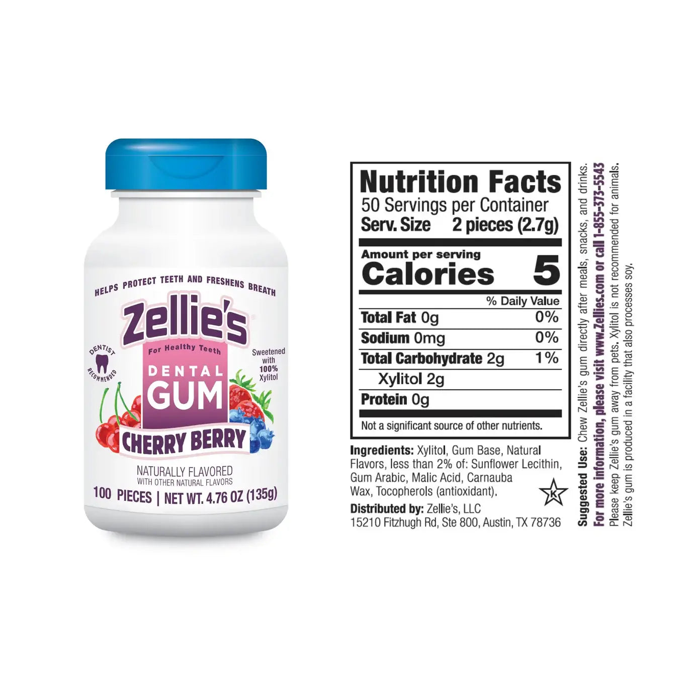 Zellie's Xylitol Dental Gum - Cherry Berry 100ct Jar