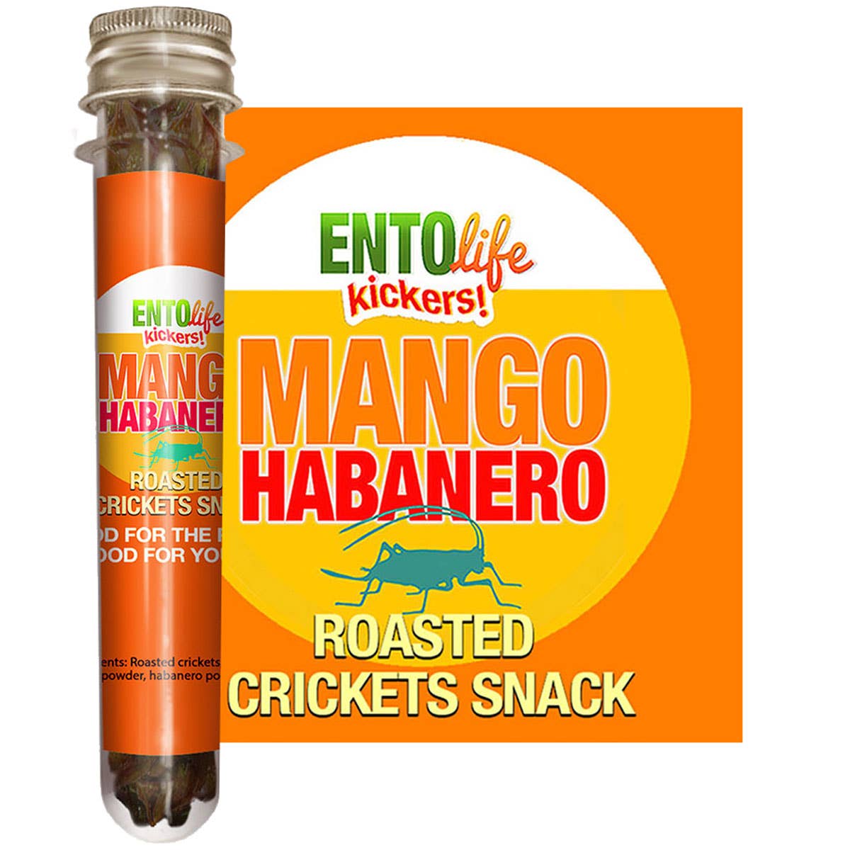 Mini-Kickers Mango Habanero Flavored Cricket Snacks front of bag