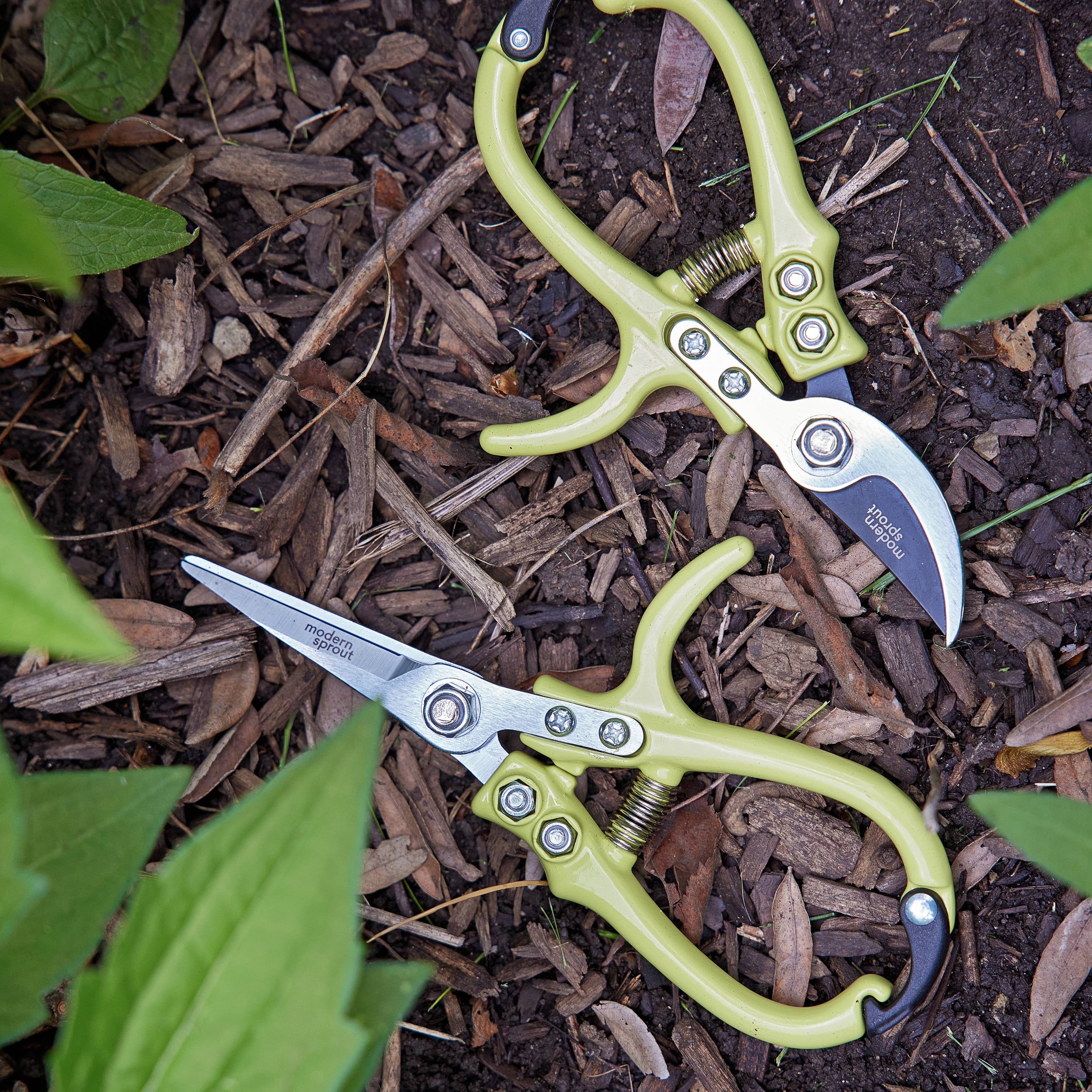 Close-up of garden pruners sharp stainless steel blade