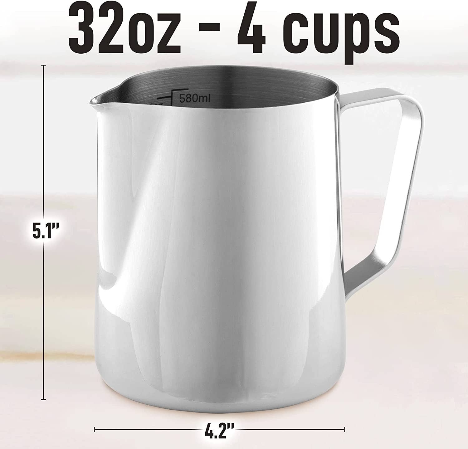 Stainless steel frothing pitcher polished finish detail