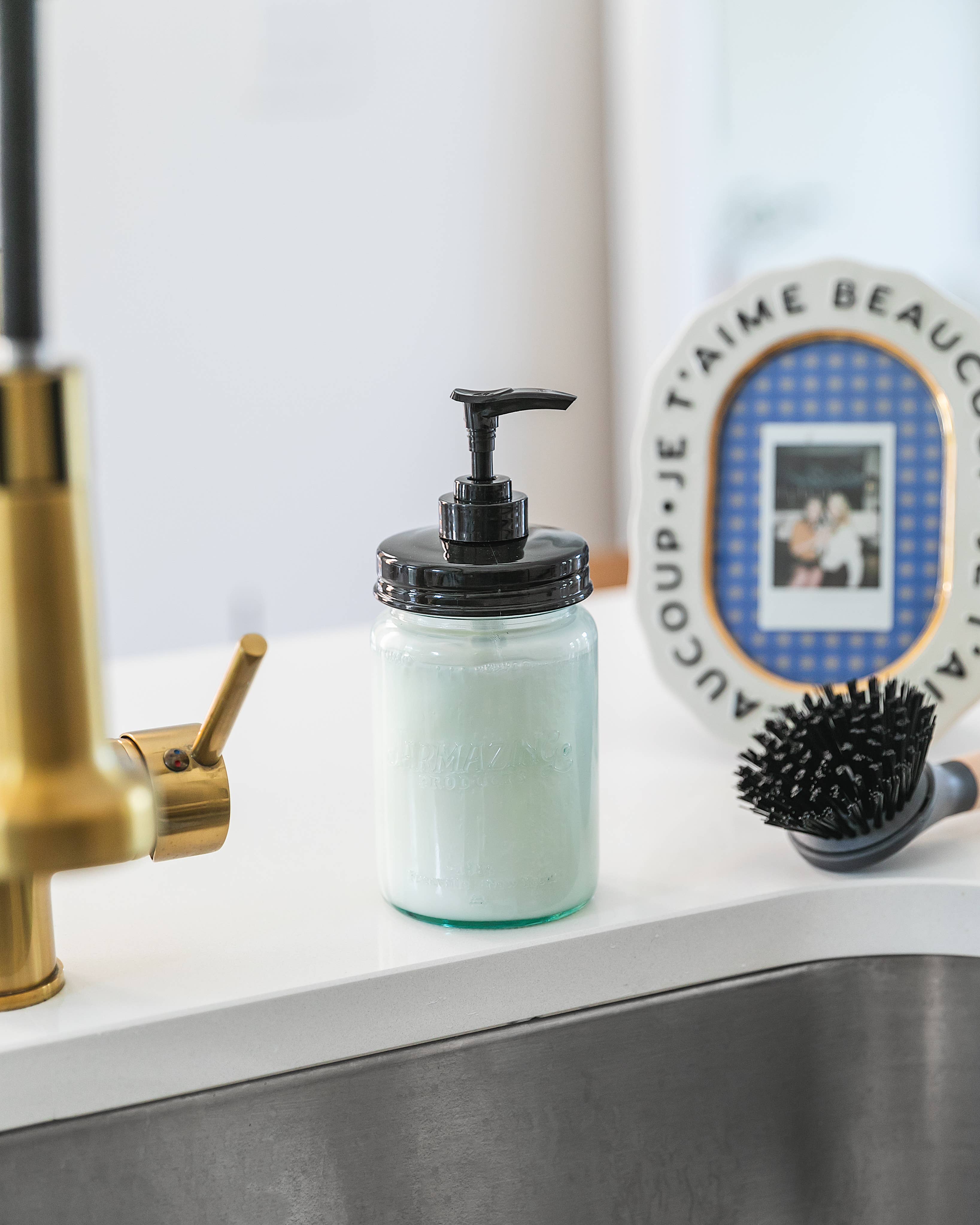 Blue glass mason jar soap dispenser two-pack packaging