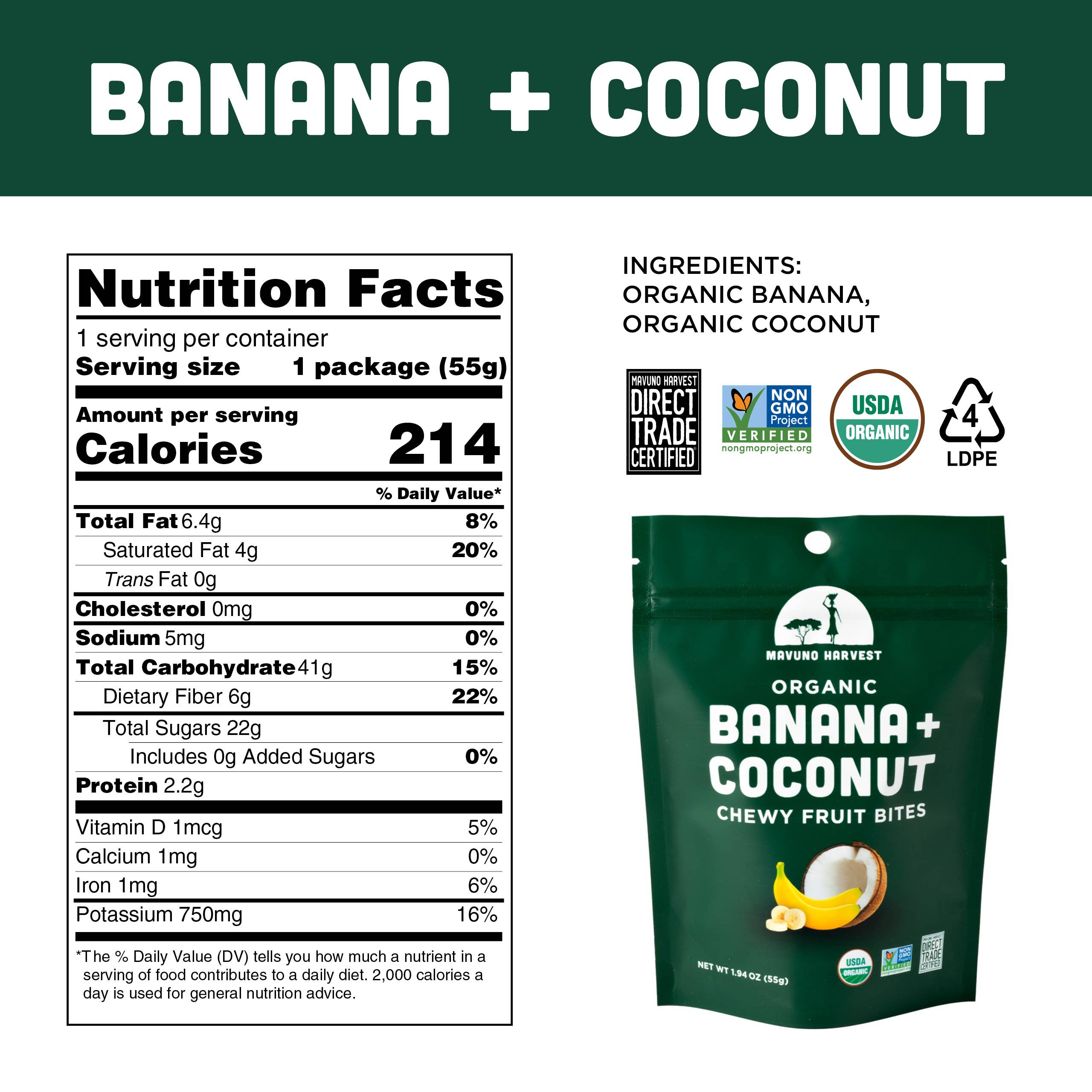 Organic banana and coconut fruit bites snack pieces