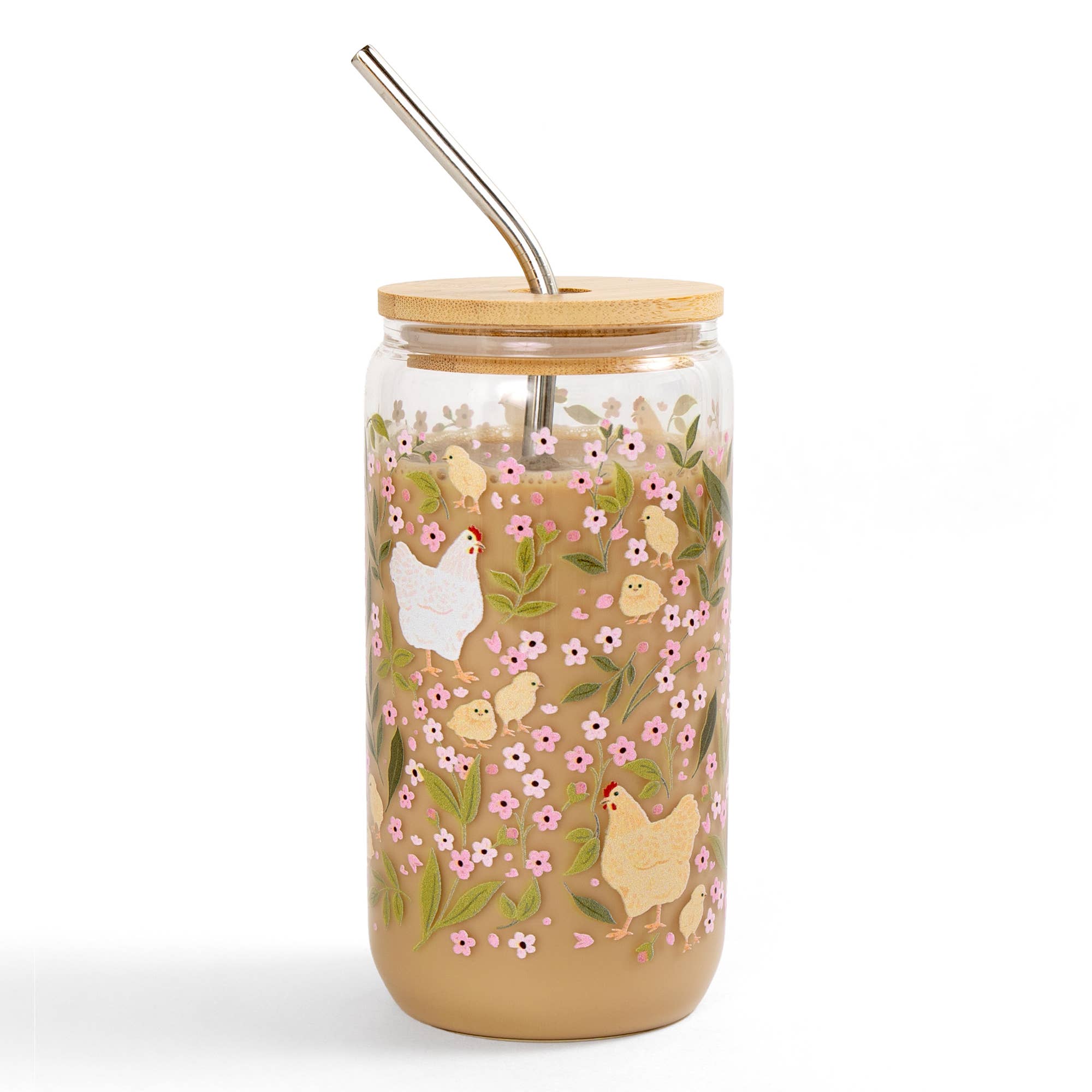 Chicken Fields Glass Can with farmyard chicken design