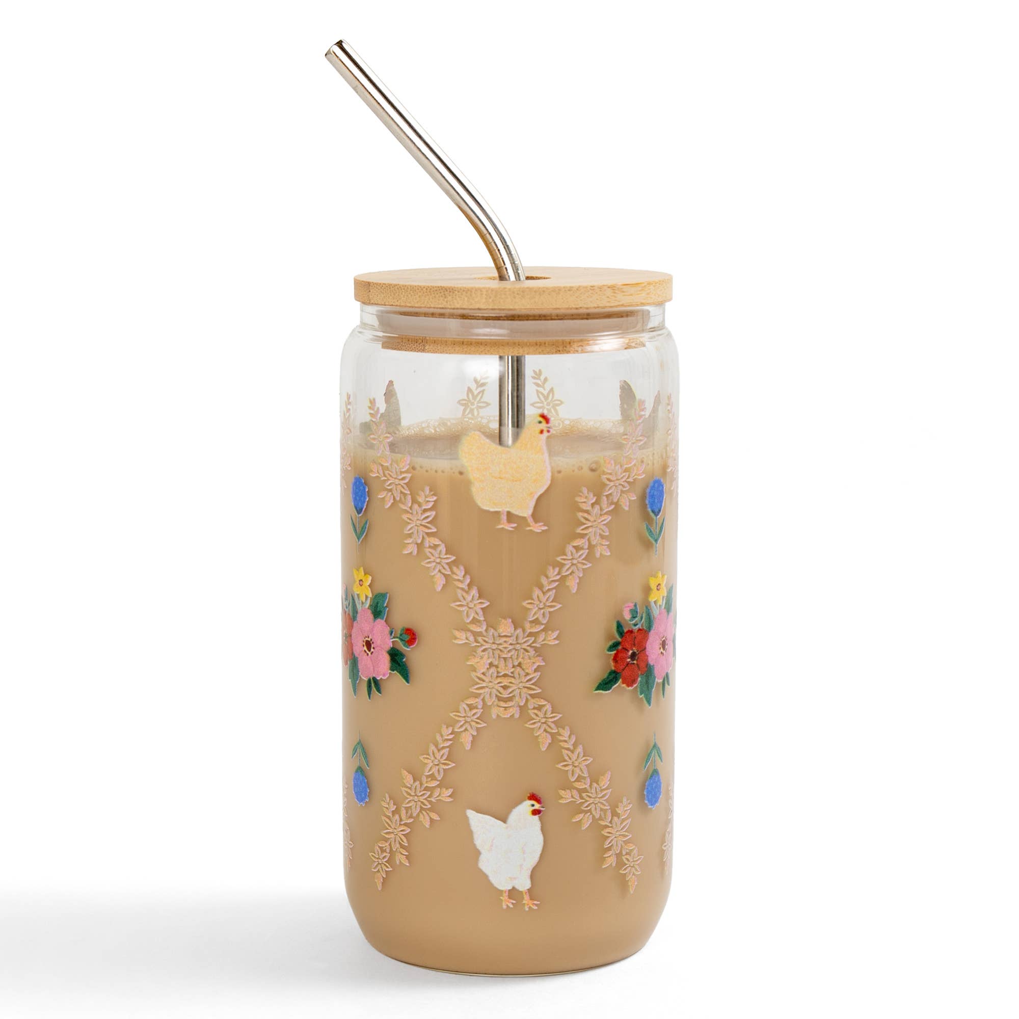 Chickens Folk Floral Glass Can with chicken and floral design