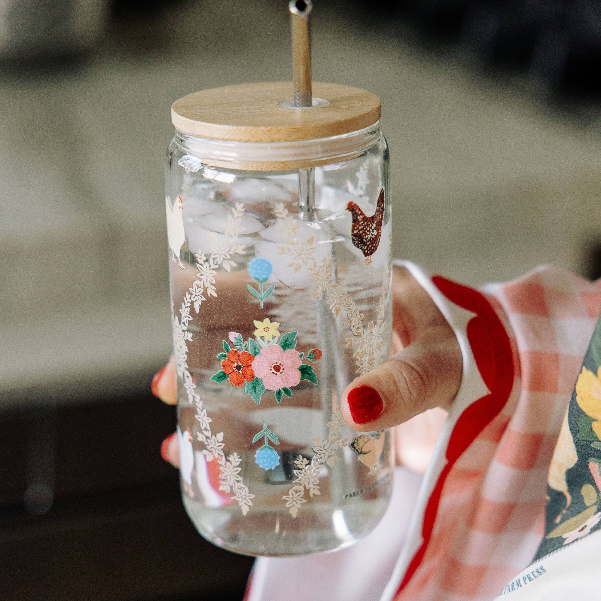 Chickens Folk Floral Glass Can showing bamboo lid