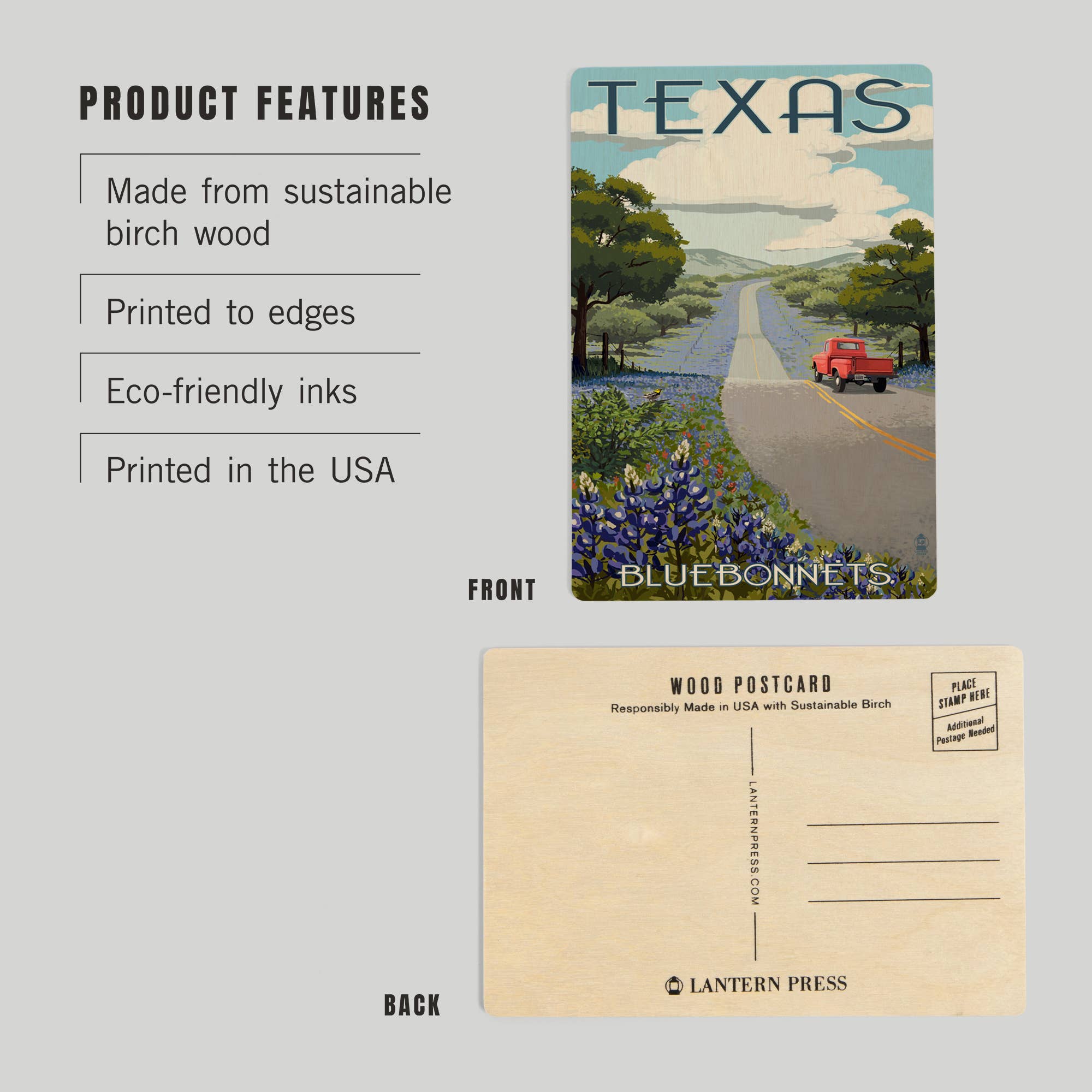 WOOD POSTCARD Texas, Bluebonnets & Highway