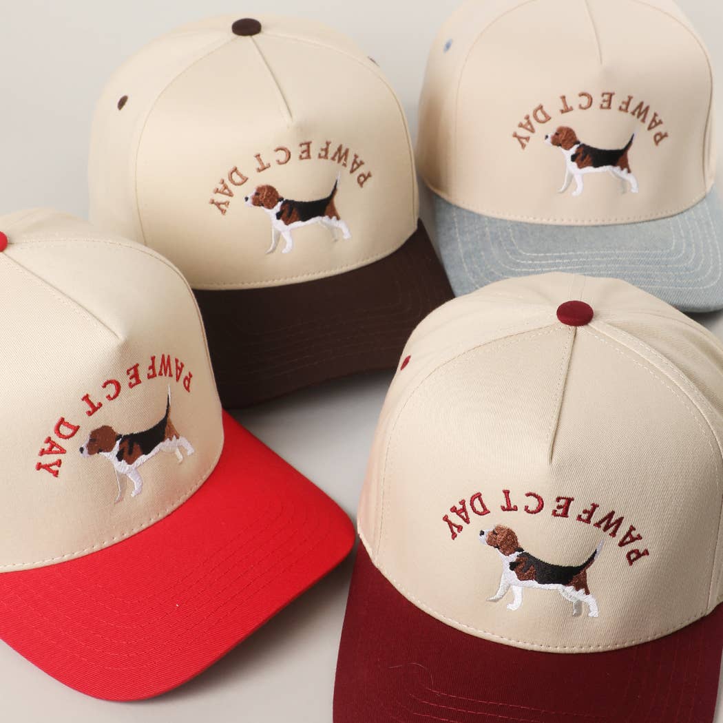 Pawfect Day beagle embroidered two-tone trucker hat detail