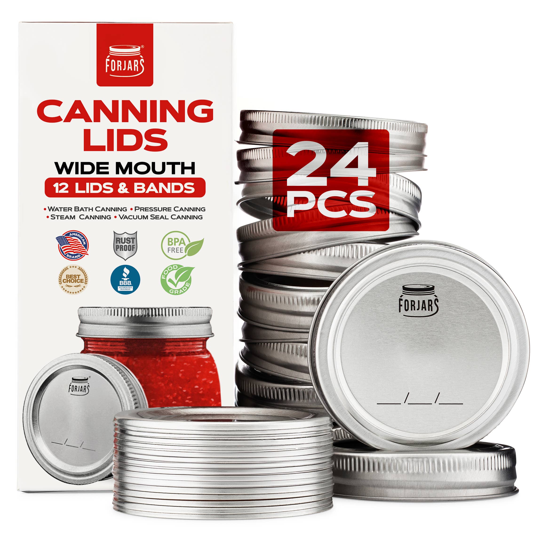FORJARS® 12 Wide Mouth Canning Lids + 12 Rings
