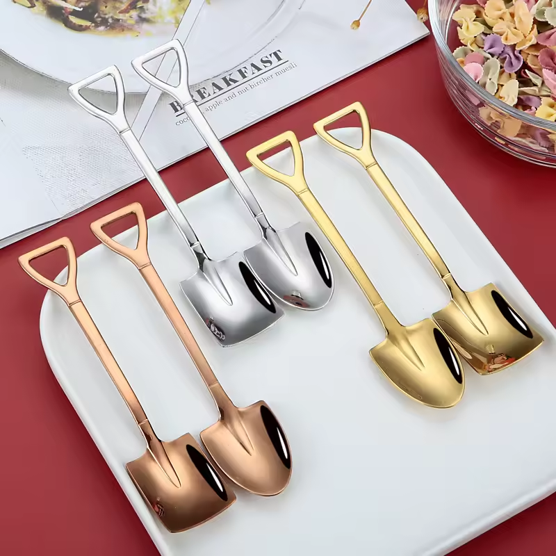 Shovel spoon displayed alongside dessert serving