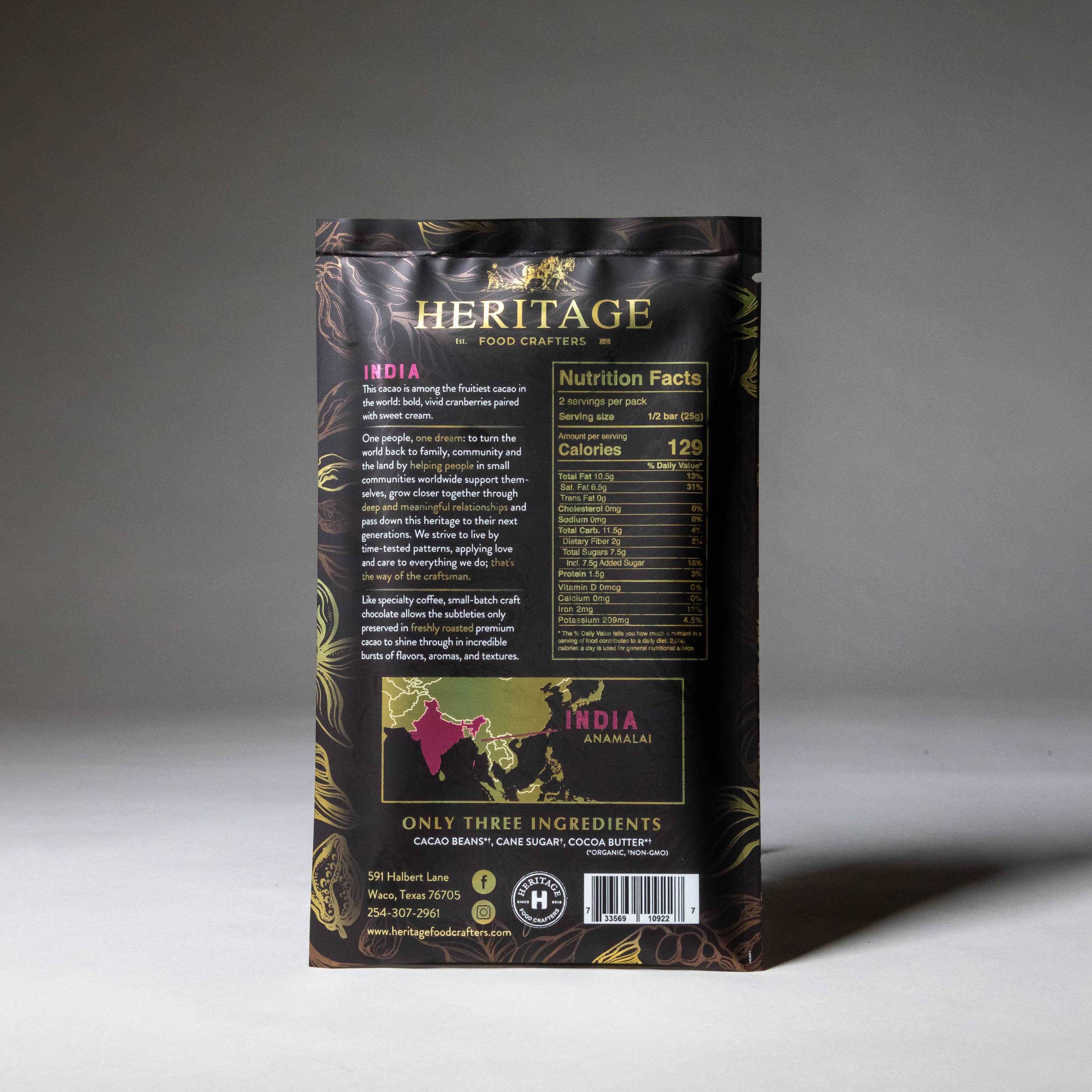 70% India Dark 50g craft chocolate bar ingredients