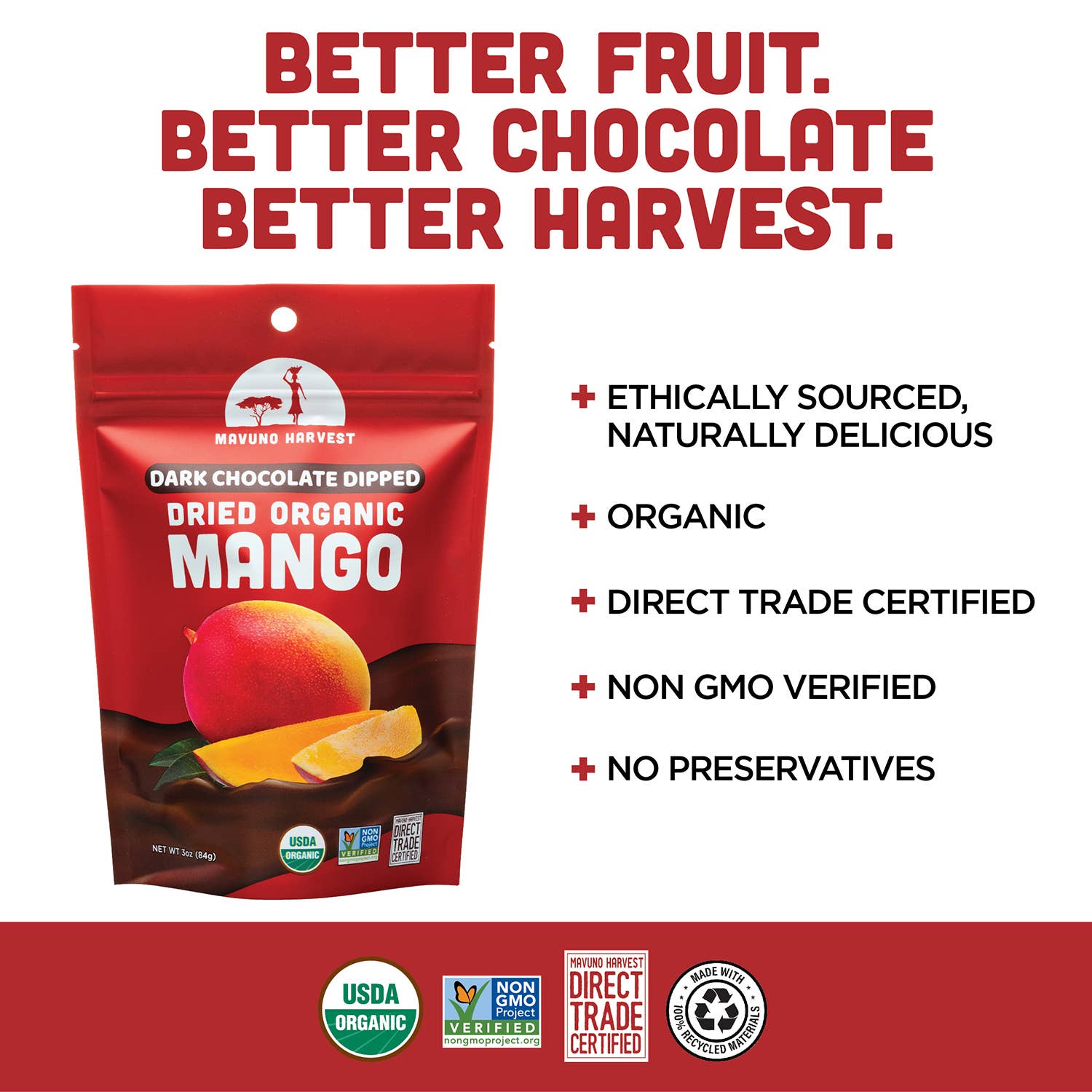 Organic dark chocolate dipped dried mango package front